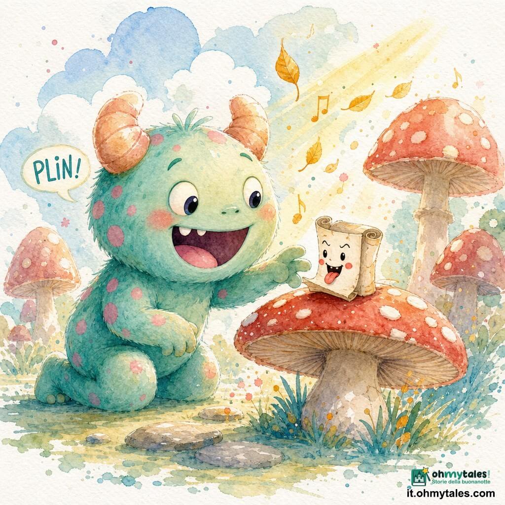 Il personaggio principale è un mostro chiamato Morbillo, gioioso e meravigliato, con due corna morbide color pesca come cuscini, grande testa rotonda, pelle vellutata verde menta macchiata di pois rosa e una grande bocca sorridente che fa plin; è inginocchiato e porge una mano paffuta per afferrare una cartolina. La cartolina è un personaggio secondario animato: piccola, arrotolata, con volto sorridente, guance rosse e lingua fuori, appoggiata su un fungo-ombrello rosso a pois, di fronte a Morbillo. Il luogo è un boschetto luminoso dai toni pastello con funghi giganti dai cappelli rossi, erba tenue blu-verde, nuvole basse a gradini bianchi, pietre saltellanti e foglie dorate che sembrano cantare, con schizzi d'acquerello tutt'intorno. La scena mostra la scoperta magica: Morbillo trova la cartolina sotto il grande fungo, la cartolina si apre e fa una smorfia maliziosa, illuminata da timidi raggi di sole e gocce d'acquerello che suggeriscono movimento e gioia.