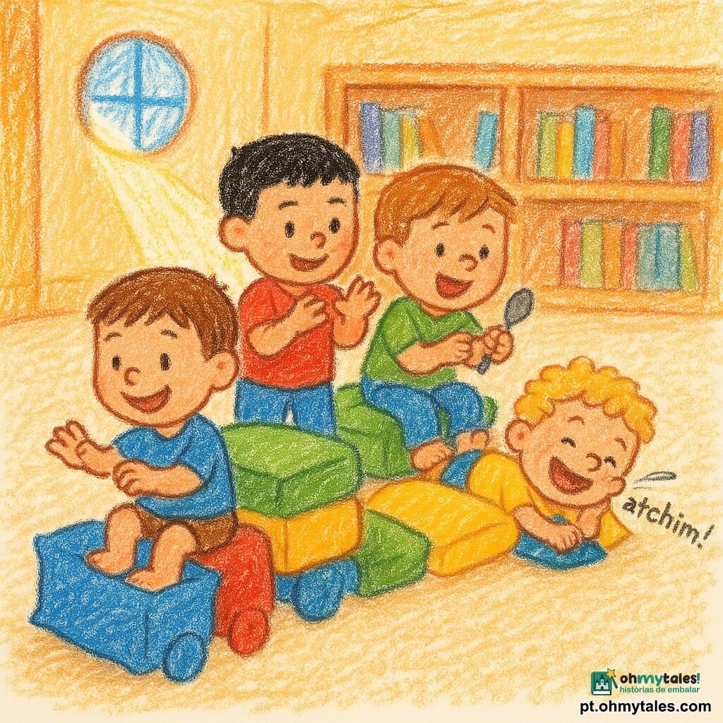 Quatro crianças: Léo (4 anos), cabelo castanho curto, camiseta azul, sentado na frente do "trem" de almofadas, sorri e faz gesto de dirigir; Tito (4), cabelo preto, camiseta vermelha, atrás de Léo, em pé, faz "chu-chu" com as mãos; Beto (4), cabelo castanho claro, camiseta verde, no meio, faz o maquinista segurando uma colher; Nino (4), cabelo loiro encaracolado, camiseta amarela, atrás, deitado nas almofadas, espirra "atchim!" rindo. Sala iluminada com tapete bege, caixa de almofadas coloridas espalhadas, prateleiras baixas com livros e janela redonda com raio de sol; crianças brincam formando um "trem" de almofadas empilhadas, risos, pena perto do nariz do Nino, movimento alegre, cores vivas e traços simples estilo desenho infantil.