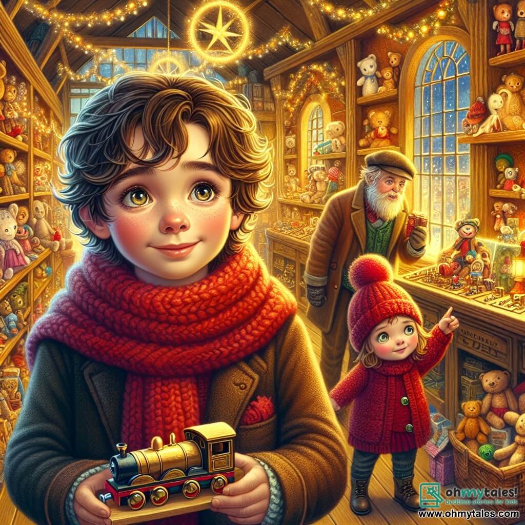 In the foreground, Oliver, an 11-year-old boy with curly brown hair and sparkling eyes, wears a red scarf knitted by his grandmother. He stands with a look of wonder on his face, holding a small wooden train in his hands. Beside him is Lily, an 11-year-old girl with rosy cheeks and bright eyes, wearing a red wool hat with a pom-pom and a matching scarf. She points at the beautiful workshop filled with toys, her eyes wide with joy. In the background, the warm Enchanted Workshop is decorated with twinkling lights and colorful toys. The wooden walls are lined with shelves overflowing with dolls, miniature trains, and stuffed animals. A soft golden light emanates from within, creating a magical atmosphere. The main scene shows Oliver and Lily, amazed, discovering the wonders of the toy store, while Mr. Hargrove, an old man with a white beard, works at his bench, surrounded by wooden toys in progress. The atmosphere is filled with magic and creativity, capturing the spirit of Christmas.