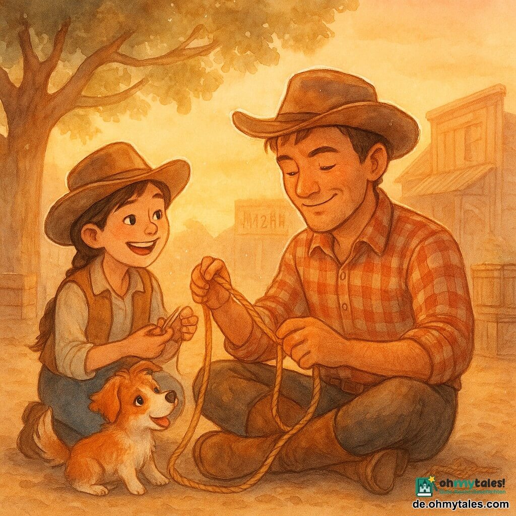 Ein sonnengebräunter Cowboy, lächelnd und konzentriert, mit kurzem kastanienbraunem Haar unter einem braunen Filzhut und kariertem Hemd, sitzt auf dem staubigen Marktplatz des Wilden Westens und flechtet und repariert zusammen mit einem etwa 12-jährigen, lebhaften Cowgirl mit geflochtenen braunen Haaren und hellem Lederwams ein goldenes Lasso; sie reicht ihm eine Werkzeugkiste und hält eine starke Nähleine, während ein kleiner rot-weiß behaarter Hund freudig den Schwanz wedelt und eine Pfote auf sein Knie legt; im Hintergrund Holzhäuser, ein „Bazar“-Schild, Holzkisten und ein großer schattenspendender Baum, alles im warmen orangen Licht der Dämmerung, Staubpartikel in der Luft und eine Atmosphäre von Kameradschaft und handwerklicher Arbeit.