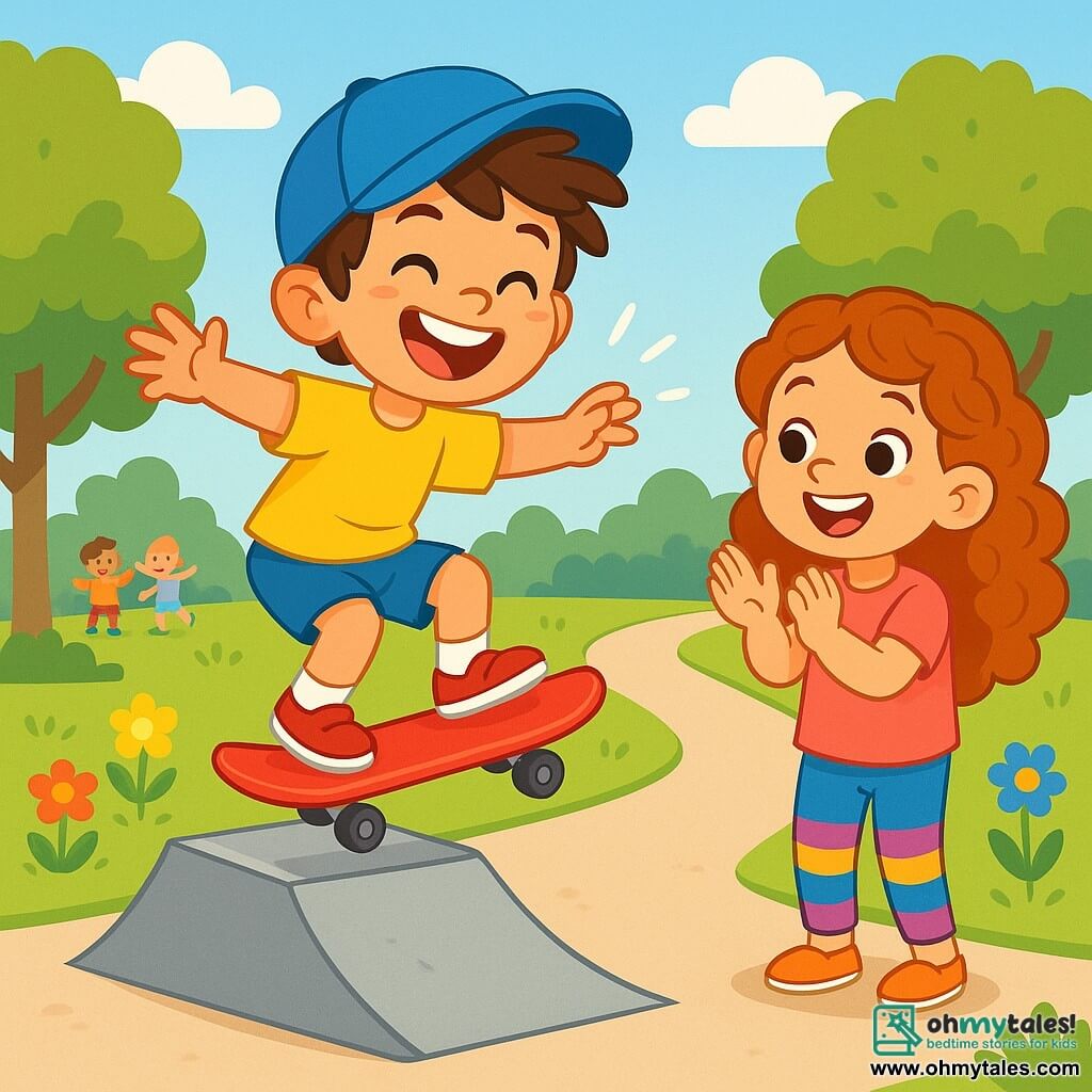 A 6-year-old boy, Leo, with messy brown hair and a big smile radiating excitement, is jumping on his bright red skateboard. He wears a blue cap and a yellow t-shirt, his eyes shining with joy. Next to him is his best friend Mia, a 6-year-old girl with long curly hair, wearing a pink t-shirt and colorful leggings. She is cheering for Leo with a big smile, her eyes sparkling with encouragement. The scene takes place in a sunny park, with lush green trees and a smooth concrete path. Children are playing in the distance, and colorful flowers line the path. Leo is on a small skate ramp, ready to perform a trick, while Mia stands beside him, ready to support him. The atmosphere is joyful and dynamic, filled with laughter and camaraderie.