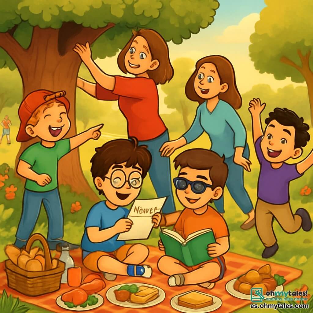 Hay 4 niños: Esteban, un niño de 10 años con cabello castaño desordenado y gafas redondas, que lee una carta con una gran sonrisa, sentado sobre una manta de picnic. Santiago, un niño de 9 años con una gorra roja al revés y cabello rubio, que ríe y señala un árbol donde su mamá busca su tesoro. Lucas, un niño de 10 años con cabello castaño y gafas de sol, sentado junto a Esteban, sosteniendo un libro abierto, ansioso por ver la reacción de su mamá. Javier, un niño de 9 años con cabello negro y ojos brillantes, que salta de alegría al ver a su mamá descubriendo su tesoro escondido. El lugar es un parque verde iluminado por la luz dorada, con grandes árboles y flores coloridas. Una manta de picnic está extendida en la hierba, llena de deliciosos bocadillos y bebidas. En el fondo, se ven niños jugando y familias disfrutando del día soleado. Las mamás están en plena búsqueda del tesoro, cada una con una sonrisa maravillada, mientras los niños las animan, creando una atmósfera de felicidad y amor.