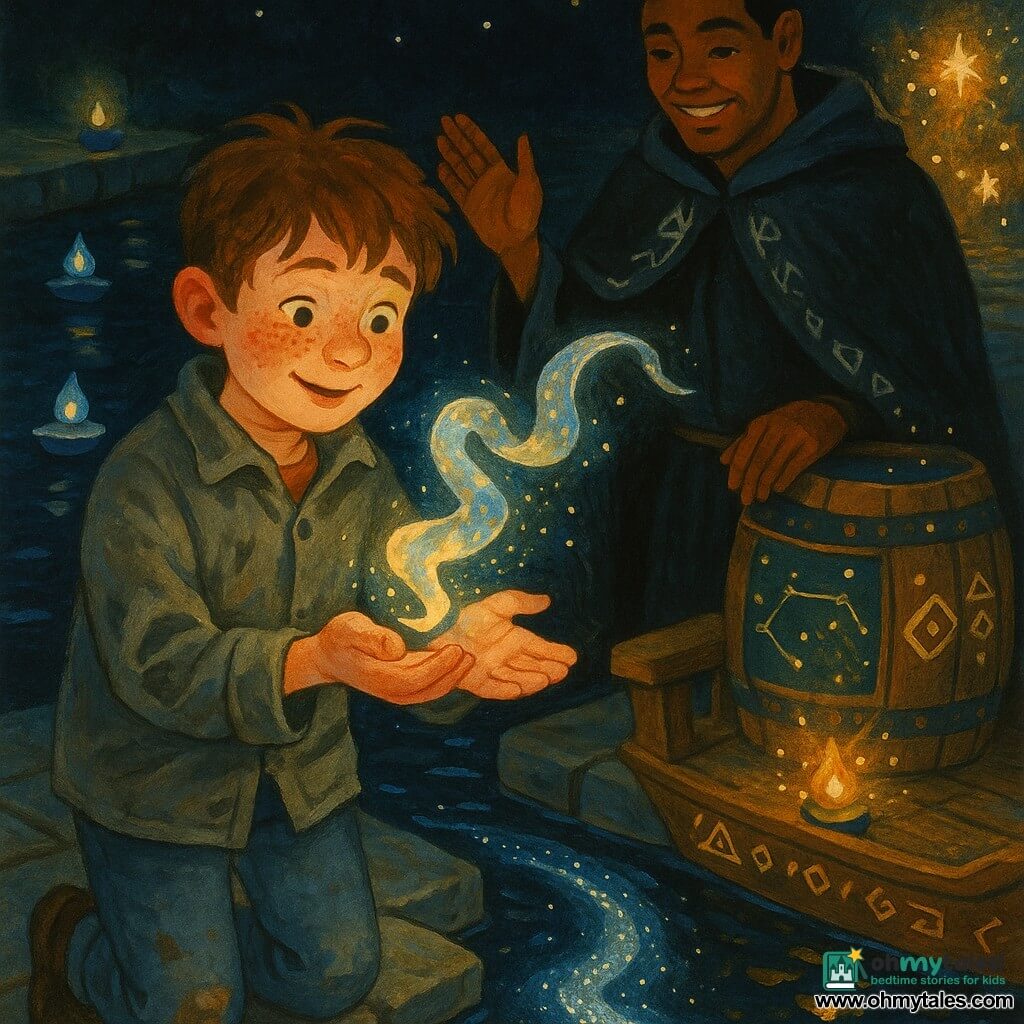 A 10-year-old boy, awed and focused, round face with freckles, messy brown hair, oil-stained gray canvas jacket and slightly scraped knees, gently holds a small luminous ribbon-like creature called a Lumen in his palm and watches it with bright eyes; a secondary human figure, a hooded man (~40) in a dark coat with silver runes, stands on the carved wooden deck of a small boat, smiling softly and reaching a hand near the boy as if blessing the scene; the Lumen is a translucent, shimmering pale-blue-and-gold ribbon of light emitting tiny motes. The setting is a midnight-black canal dotted with thousands of tiny glowing particles, wet stone quays, floating blue oil lamps, and a wooden barge engraved with luminous symbols and a barrel decorated with a star map in the background. The boy releases the Lumen onto a silver-current ribbon that sparkles on the water, casting glittering reflections on the characters' faces, light flares around the barrel, and an atmosphere blending ancient technology with stellar magic.