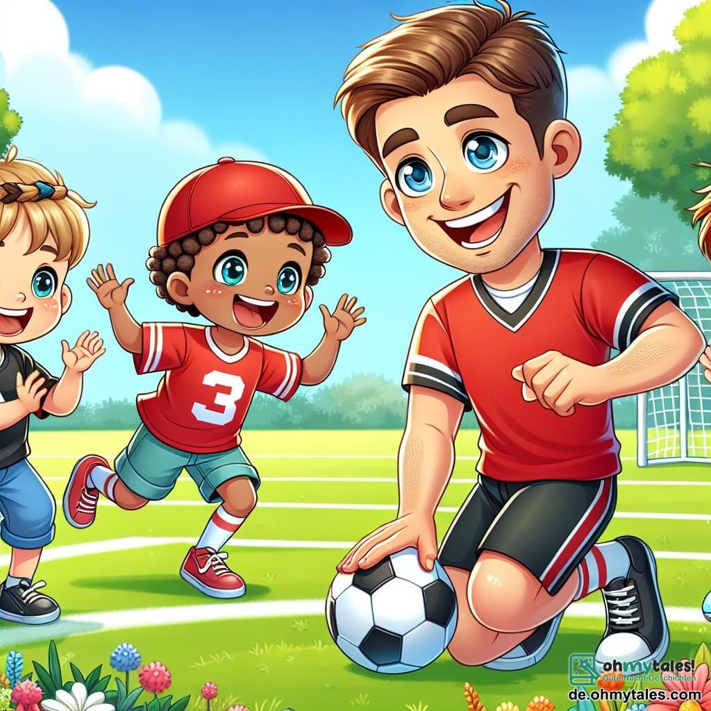 Ein Mann, Tom, steht lächelnd im Mittelpunkt des Bildes. Er hat kurze, lockige Haare, trägt ein rotes Fußballtrikot und schwarze Shorts und zeigt den Kindern, wie man mit einem Fußball dribbelt. Seine Augen strahlen Freude und Leidenschaft für das Spiel aus. Rechts von ihm versucht ein etwa 8-jähriger Junge mit einer roten Mütze, mit einem breiten Lächeln auf dem Gesicht, den Ball zu dribbeln. Links von ihm applaudiert ein 7-jähriges Mädchen mit Zöpfen in einem blauen T-Shirt und ermutigt ihre Freunde mit funkelnden Augen vor Aufregung. Die Szene spielt auf einem sonnigen Schulhof, umgeben von bunten Blumen und großen grünen Bäumen. Der Boden ist mit frischem Gras bedeckt, und im Hintergrund ist ein Fußballtor sichtbar, bereit für die Schüsse der Kinder. Tom gibt den Kindern Ratschläge, die fröhlich Fußball spielen, lachen und sich gegenseitig anfeuern, was eine Atmosphäre von Kameradschaft und Glück schafft.