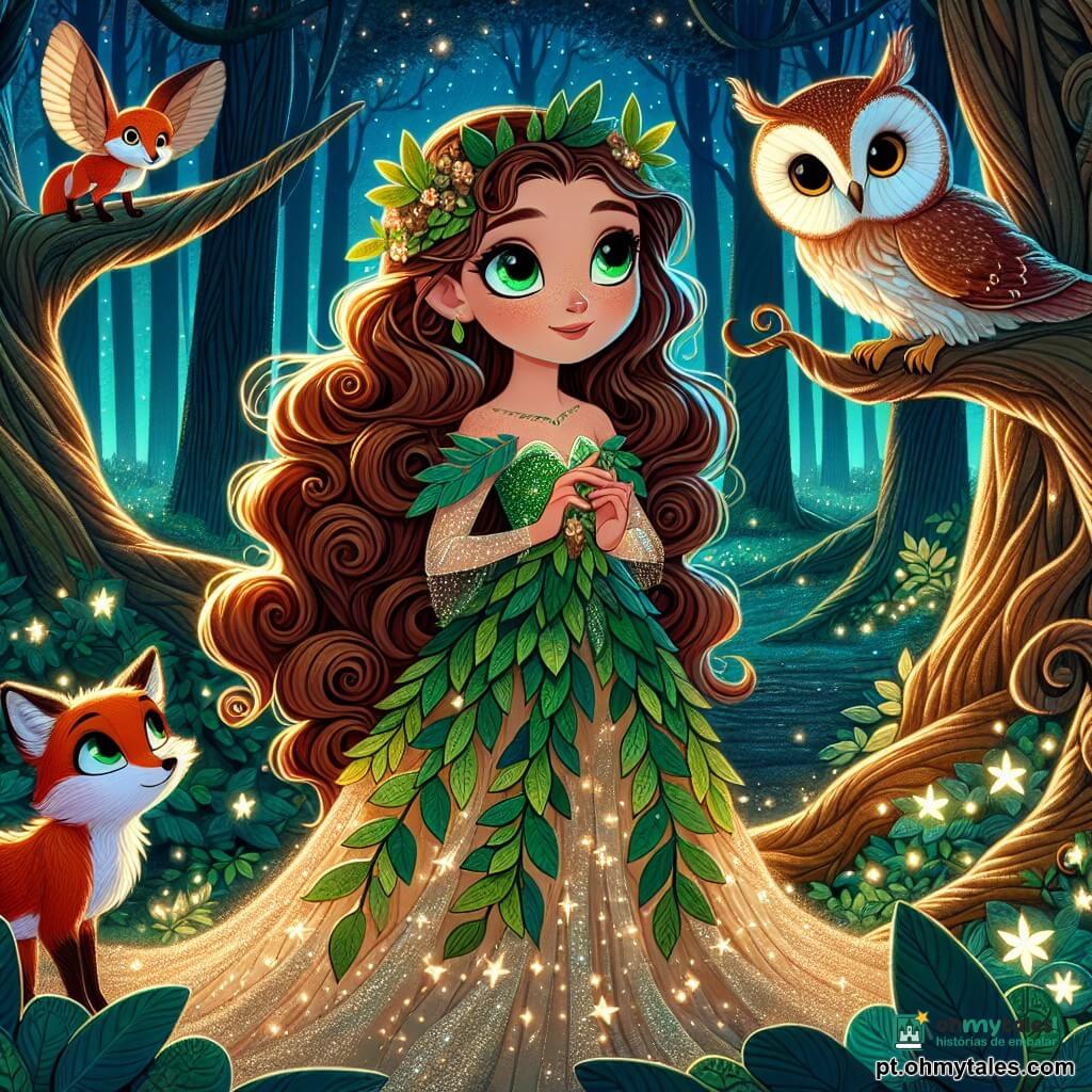 Aurora, uma jovem de cabelos longos e ondulados, castanhos como a casca das árvores, está no centro da cena, seu rosto iluminado por uma luz de esperança e determinação. Ela usa um vestido fluido feito de folhas verdes e douradas, e em suas mãos, segura um cajou de raízes, símbolo de sua conexão com a natureza. Ao seu lado, um pequeno raposo de olhos brilhantes e pelagem avermelhada, chamado Flamme, observa atentamente, com as orelhas em pé, pronto para ajudá-la em sua busca. Uma coruja sábia, empoleirada em um galho acima deles, observa com curiosidade, suas penas brancas e marrons se misturando nas sombras da noite. A cena se passa na misteriosa Floresta do Luar, onde majestosas árvores de troncos grossos se erguem em direção ao céu estrelado, suas folhas brilhando como diamantes sob a luz das luas gêmeas. Flores luminescentes iluminam o chão, e uma suave brisa faz as ramificações dançarem. Aurora se prepara para escolher um dos três caminhos luminosos à sua frente, cada um vibrando com uma energia diferente, enquanto o vento murmura segredos antigos, convidando-a a iniciar sua aventura para despertar o Coração da Terra.