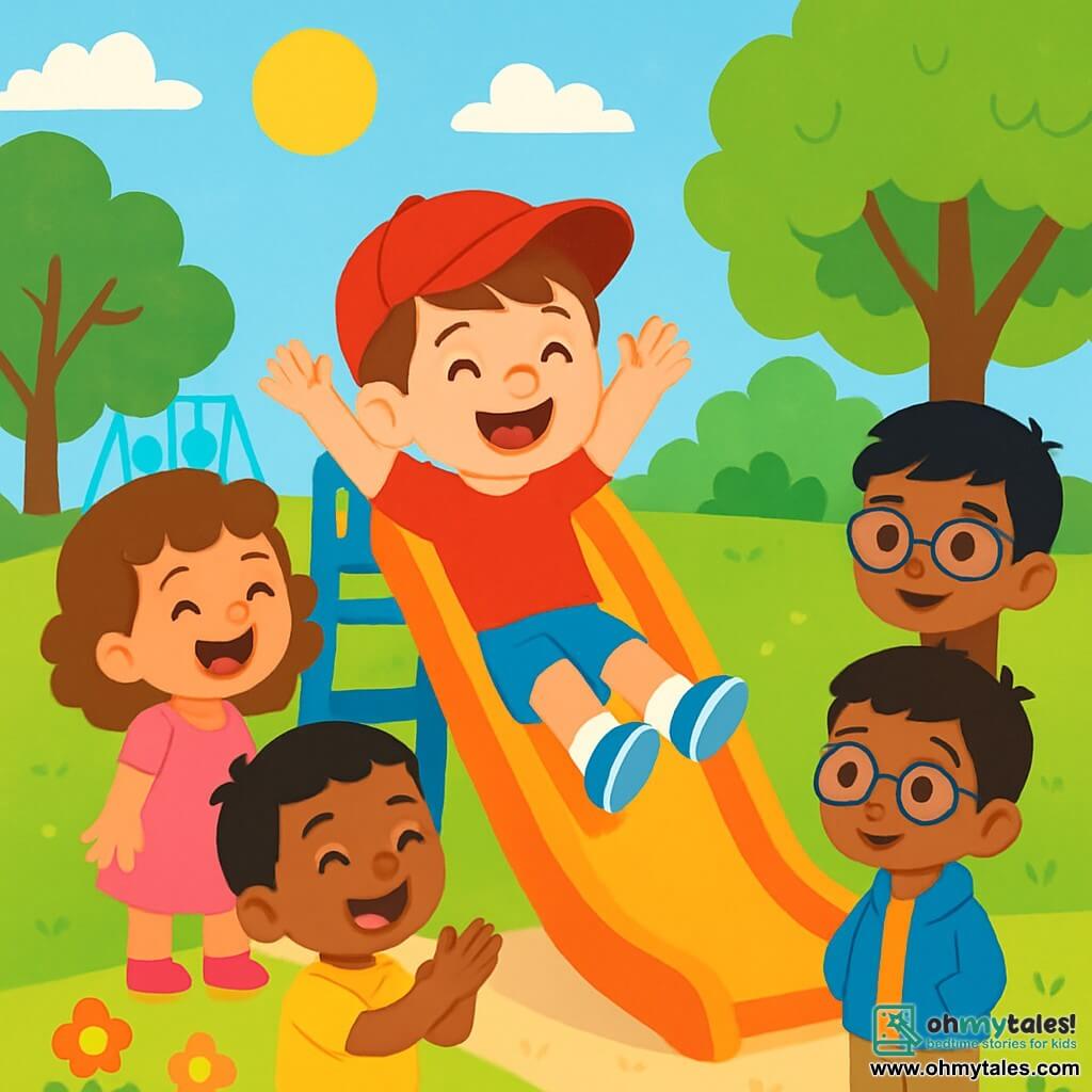 A 4-year-old boy, Ben, with brown hair and a big joyful smile, is wearing a red cap and sliding down a slide with his arms raised in excitement. Next to him, a 4-year-old girl, Mia, with curly hair and a pink dress, is laughing while waiting for her turn. A 4-year-old boy, Ali, wearing shiny green shoes and with caramel skin, is clapping at the bottom of the slide, ready to cheer on his friends. Another boy, Raj, also 4 years old, wearing glasses and a blue coat, stands a bit back, smiling shyly while watching Ben and Mia. The scene takes place in a sunny park filled with greenery, featuring vibrant green trees and colorful flowers, with swings and other children playing in the background, creating a joyful and lively atmosphere. The main focus is on Ben and his friends having fun together on the slide, sharing laughter and smiles, showcasing the beauty of friendship and diversity.