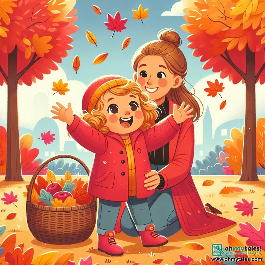 A 2-year-old girl with curly golden hair and a bright smile is picking colorful autumn leaves in a park. She wears a red jacket and a yellow wool hat, her eyes shining with joy. Next to her, her mother, a woman in her 30s with brown hair in a bun and a warm smile, watches her tenderly while holding a wicker basket filled with apples. She is kneeling a few steps away from her daughter in an encouraging posture. The park is filled with trees displaying vibrant red, orange, and yellow leaves, the ground covered with fallen leaves, and the sky is a clear blue with fluffy white clouds. The main scene shows the little girl in awe, raising her arms to catch a gently falling leaf, while her mother smiles, sharing this magical moment of discovery and happiness together.