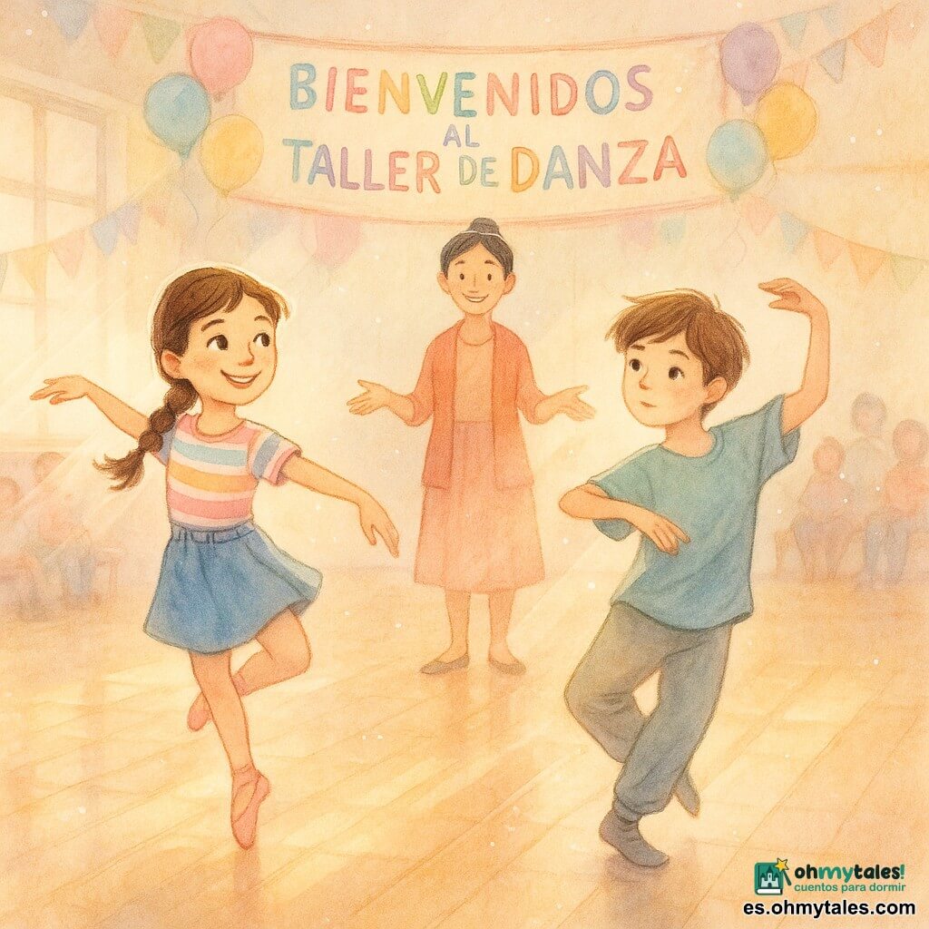 Lucía, niña de 10 años, radiante y segura, cabello castaño oscuro en trenza, vestido de baile colorido (falda vaquera corta, camiseta de rayas), en pirueta de puntillas, sonrisa amplia y ojos brillantes; Alex, niño de 10 años que se presenta como no binario, rostro dulce, corte de pelo corto y en capas, pantalón suelto y camiseta holgada, junto a Lucía ejecutando un gran paso moderno, mirada concentrada y gestos gráciles; la señorita Marisol, mujer de unos 30 años, piel clara, cabello negro en moño, sonriente y con las manos abiertas en gesto de ánimo, junto a una gran pancarta; el gimnasio escolar luminoso con suelo de madera pulida, la pancarta “Bienvenidos al Taller de Danza”, guirnaldas de papel, globos pastel y espectadores difuminados; situación: Lucía y Alex bailan juntos en el centro del gimnasio ante el público, movimientos sincronizados y alegres, luces suaves en diagonal, atmósfera de amistad, inclusión y celebración visible en gestos y sonrisas.