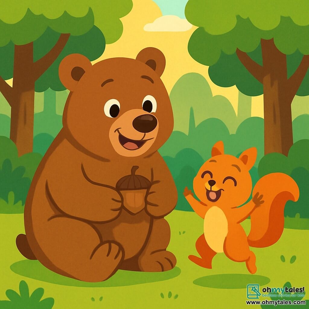A big, strong bear with soft brown fur smiles joyfully while holding a small hazelnut in its paws. Its eyes shine with kindness and enthusiasm. Next to it, a little squirrel with sparkling eyes and reddish fur jumps for joy, raising its tiny paws in the air. In the background, a lush forest with tall trees and shiny leaves, and a ground covered in soft green grass. Sunlight filters through the branches, creating dancing shadows. The bear helps the squirrel find its hazelnut, surrounded by a warm and friendly atmosphere.