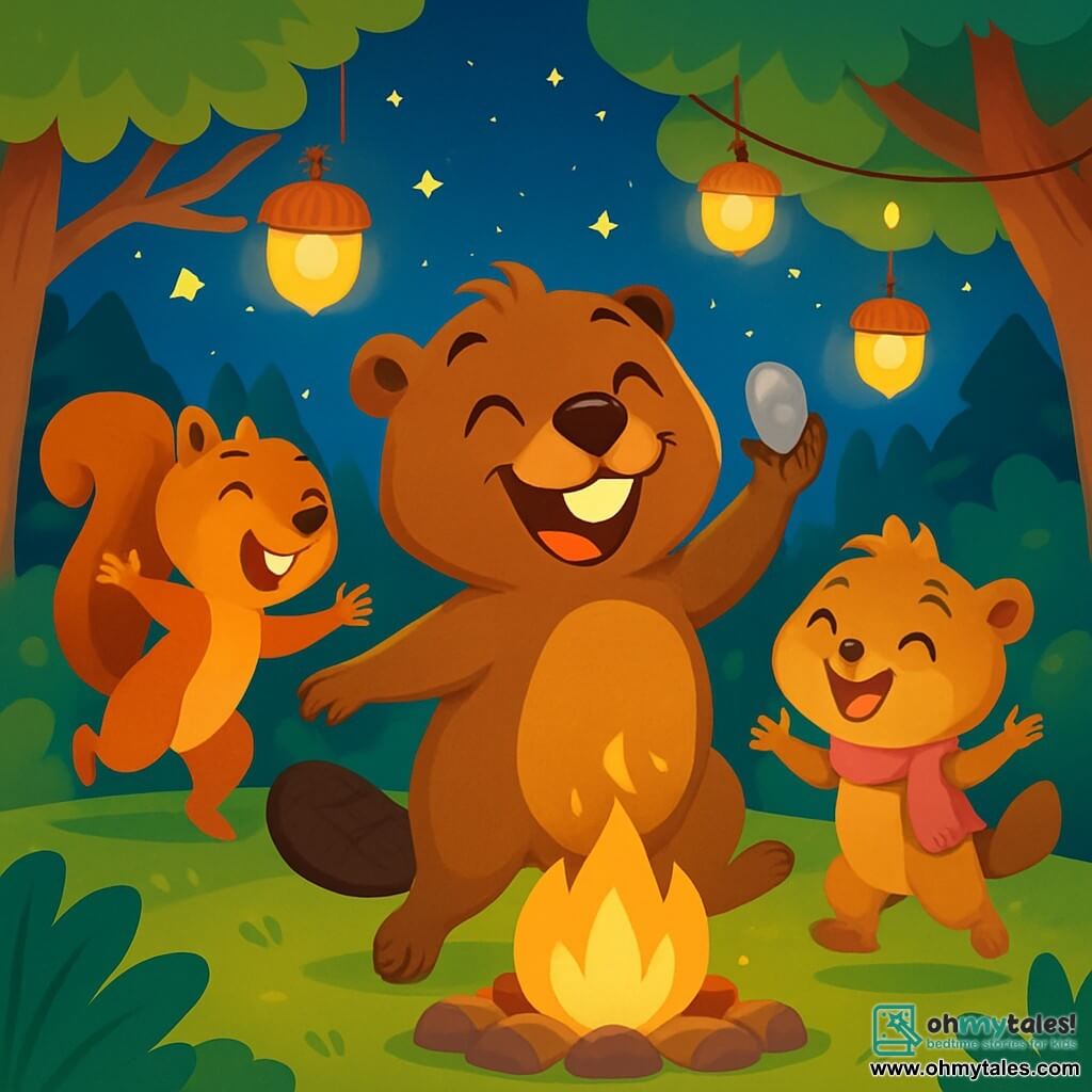 Benny the beaver, a young animal with shiny brown fur and large white teeth, is filled with joy and excitement. He dances with a big smile, holding a shiny pebble in his paw, surrounded by his friends. Sandy the squirrel, with her red fur and bushy tail, laughs joyfully as she hangs an acorn-shaped lantern on a branch, while Millie, Benny's little sister, with her sparkling eyes and small pink scarf, claps and jumps beside him. The setting is a charming corner of Willow Woods, illuminated by sparkling lanterns hanging from the trees, with a starry sky in the background. The animals are gathered around a large campfire, where sparks dance in the cool night air. The scene shows Benny and his friends singing and sharing happy memories to celebrate the New Year, creating an atmosphere of joy and friendship.