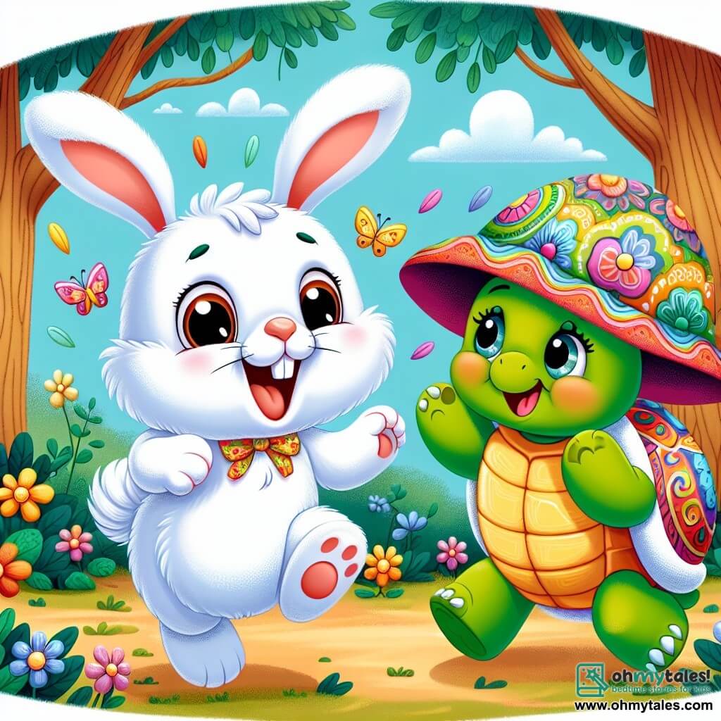 A little rabbit named Benny, with soft fluffy white fur, big expressive ears, and a joyful smile, is jumping in the air with colorful shimmering wings, laughing with happiness. Next to him, a turtle named Tilly, wearing a large colorful hat and having a shell adorned with cheerful patterns, looks at Benny with an amused smile, her eyes sparkling with excitement. The scene takes place in a sunny forest filled with thick-trunked trees and bright green leaves, with colorful flowers dancing in the breeze. In the distance, a light blue sky is dotted with fluffy white clouds. Benny, the rabbit, is joyfully soaring through the air while Tilly encourages him with playful gestures, creating a fun and magical atmosphere.
