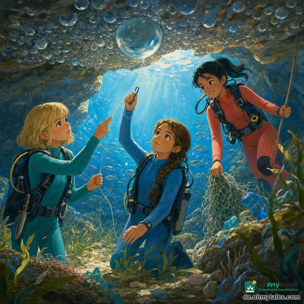 Drei Mädchen in Taucheranzügen arbeiten in einer felsigen Unterwasserhöhle, beleuchtet von blauen und goldenen Sonnenstrahlen, um Meeresbewohner zu befreien: ein etwa 10-jähriges Mädchen mit braunen Zöpfen und hellblauem Anzug steht vorn und löst vorsichtig mit einem kleinen Haken einen Plastikfaden von einer großen glänzenden Blase, ein etwa 11-jähriges Mädchen mit blondem Bob und türkisfarbenem Anzug steht links und stabilisiert den Faden mit zwei Fingern, ein etwa 12-jähriges Mädchen mit schwarzer Pferdeschwanz und korallfarbenem Anzug hält rechts eine Sicherungsleine und hebt ein Stück Netz- oder Plastikreste auf; Umgebung: niedrige graue Felsdecke mit zahlreichen durchsichtigen Blasen, wiegende grüne Algen, silbrig schimmernde Fischschwärme, Muscheln, vereinzelte Netzreste und helles Sandbett, ruhige Atmosphäre, gesättigte Farben und sichtbare Texturen.