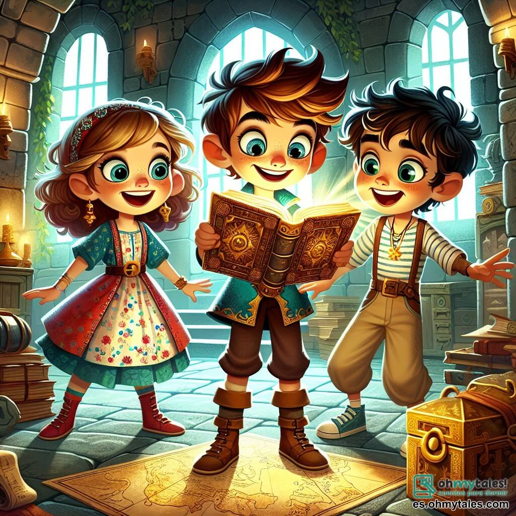 Timo, un joven con orejas puntiagudas y ojos brillantes como estrellas, está en el centro de una habitación secreta en un viejo castillo. Con una sonrisa maravillada, sostiene un antiguo libro titulado "Los Misterios del Tiempo". A su lado, Clara, una niña de cabello rizado y ojos chispeantes, observa el libro con fascinación, vestida con un vestido de flores y mostrando una expresión de emoción. Detrás de ellos, Lucas, un niño de sonrisa traviesa y cabello castaño, señala un cofre dorado brillante, sus ojos llenos de entusiasmo. La habitación tiene paredes de piedra cubiertas de hiedra, con rayos de luz filtrándose a través de ventanas antiguas, iluminando mapas y objetos misteriosos. La escena principal muestra a Timo y sus amigos descubriendo el libro antiguo y dándose cuenta de que han encontrado una forma de viajar en el tiempo, rodeados de una atmósfera mágica y una luz dorada que evoca aventura y misterio.