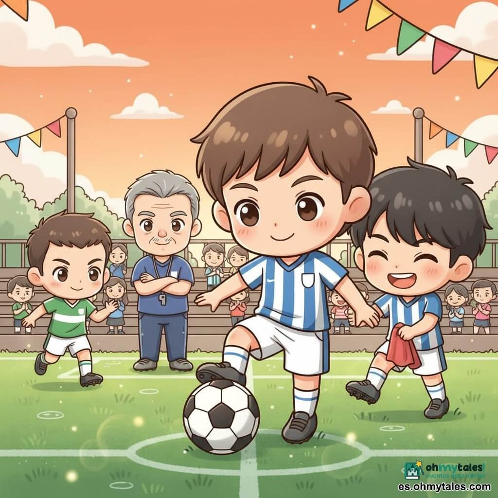 El protagonista es Mateo, un joven sonriente y concentrado de pelo castaño corto y piel clara, con camiseta a rayas azul y blanca y botas limpias, que empuja el balón con el pie haciendo un pase calmado y preciso; a su lado está Luis, riendo y sujetando una pequeña toalla roja, con pelo negro despeinado y mirada cómplice, ligeramente inclinado detrás y a la derecha de Mateo cerca de la línea; el entrenador, hombre mayor de pelo canoso con silbato y brazos cruzados, observa desde la línea de banda con gesto benevolente; un jugador adversario joven con camiseta verde corre hacia el balón en primer plano izquierdo, concentrado y fair play. El escenario es un pequeño campo de barrio al crepúsculo, hierba húmeda y brillante, líneas blancas, graderío de madera con familias aplaudiendo y banderolas, cielo naranja. La escena principal muestra a Mateo haciendo un pase generoso y sereno en un partido local, con gestos lentos y precisos y una atmósfera cálida y solidaria, risas, aplausos y suaves reflejos de sol en la hierba.