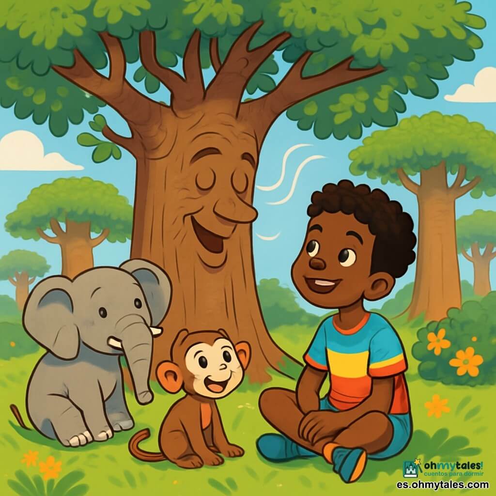 Un joven llamado Kofi, de unos 12 años, está sentado en la hierba verde, su rostro irradia curiosidad y asombro. Tiene el cabello rizado y ojos brillantes, lleva una camiseta colorida y un pantalón corto de tela ligera. Kofi escucha atentamente a un majestuoso baobab, cuyo tronco ancho y nudoso está cubierto de hojas verdes que bailan al viento. A su lado, un grupo de animales de la sabana, como un elefante de grandes orejas y un pequeño mono travieso, lo observan con interés, añadiendo un toque de magia a la escena. El lugar es un claro soleado, rodeado de imponentes baobabs y flores silvestres brillantes, donde la luz del sol filtra a través de las ramas, creando un juego de sombras y luces. Kofi está cautivado por las historias del baobab, que le susurra relatos antiguos, mientras los animales lo escuchan atentamente, todos unidos por la magia de la narración.