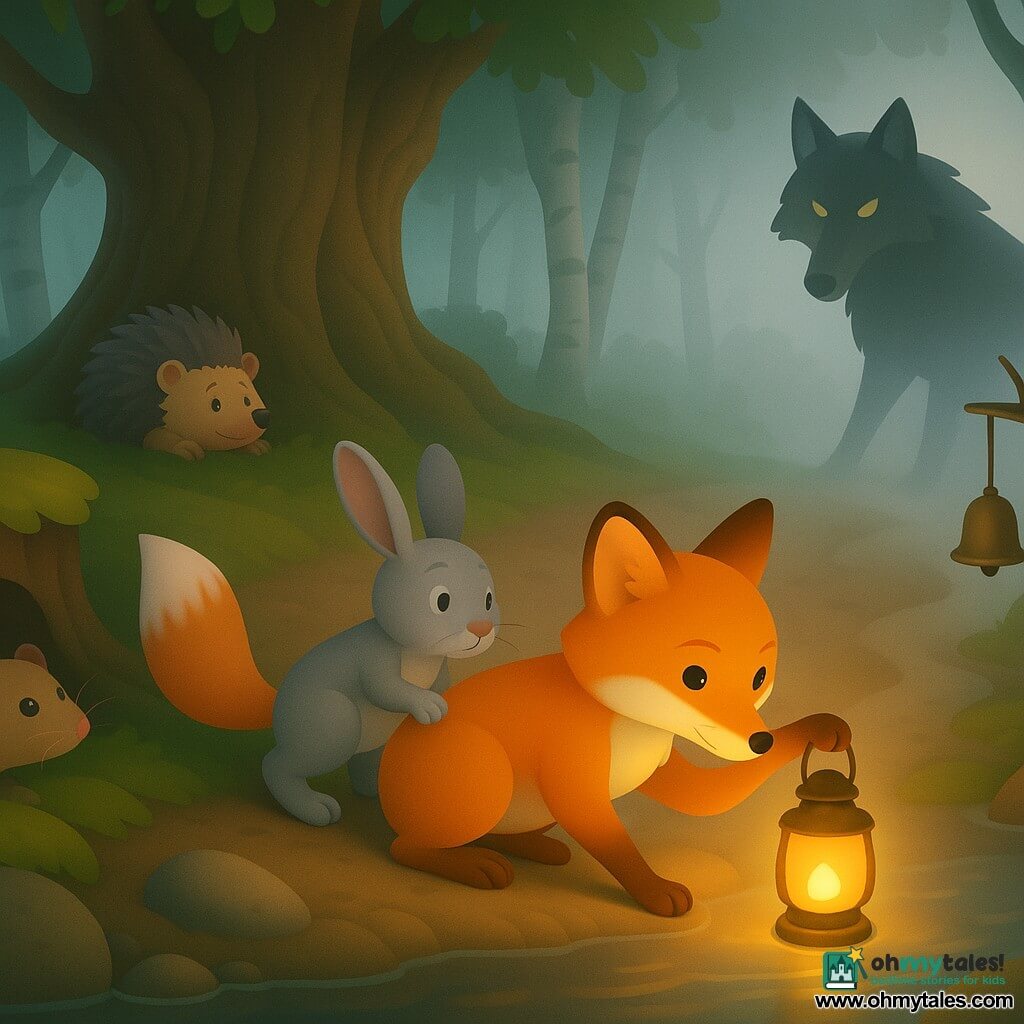 A small red fox (main) with glossy fur and bright eyes, calm and determined, kneels by a silver-reflecting river lighting a small brass lantern that casts a warm glow; a worried young gray rabbit clings to her tail on the muddy path behind, a twitching brown mouse peeks from a stump hole to her left, an old hedgehog curled by an oak’s roots looks relieved, while a large dark wolf—sly, frustrated—looms half-hidden in the mist to the right; the damp ancient forest of mossy ground, smooth stones, knotted trunks and birches is threaded with white fog, and the fox hangs a small bell on a branch to form a circle of warm light that drives the wolf back.