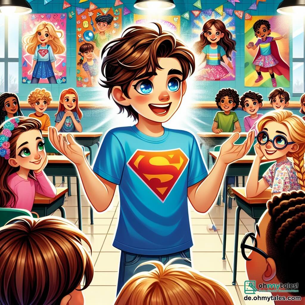 Ein 10-jähriger Junge namens Finn steht in der Mitte des Bildes und strahlt vor Begeisterung. Er hat unordentliche braune Haare und trägt ein leuchtend blaues T-Shirt mit einem Superhelden-Logo. Seine Augen funkeln vor Aufregung, während er zu seinen Klassenkameraden spricht. Neben ihm hört seine beste Freundin Emma, ein 10-jähriges Mädchen mit geflochtenen blonden Haaren und runden Brillen, aufmerksam zu, mit den Händen in die Hüften gestützt und einem entschlossenen Ausdruck. Sie trägt ein buntes Blumenkleid, das um sie herum schwingt. Im Hintergrund ist das Klassenzimmer mit bunten Postern zur Geschlechtergleichheit dekoriert, mit Zeichnungen von Kindern unterschiedlicher Herkunft, die zusammen spielen. Tische sind im Kreis angeordnet, und Klassenkameraden, Jungen und Mädchen, sitzen gebannt Finns Präsentation zu. Die Hauptsituation zeigt Finn, der leidenschaftlich vor seinen Mitschülern spricht und mit erhobenem Arm sein Engagement für Gleichheit ausdrückt, während Emma ihn mit einem Lächeln ermutigt. Die Atmosphäre ist dynamisch und voller Energie und zeigt einen Moment der Solidarität und Inspiration.