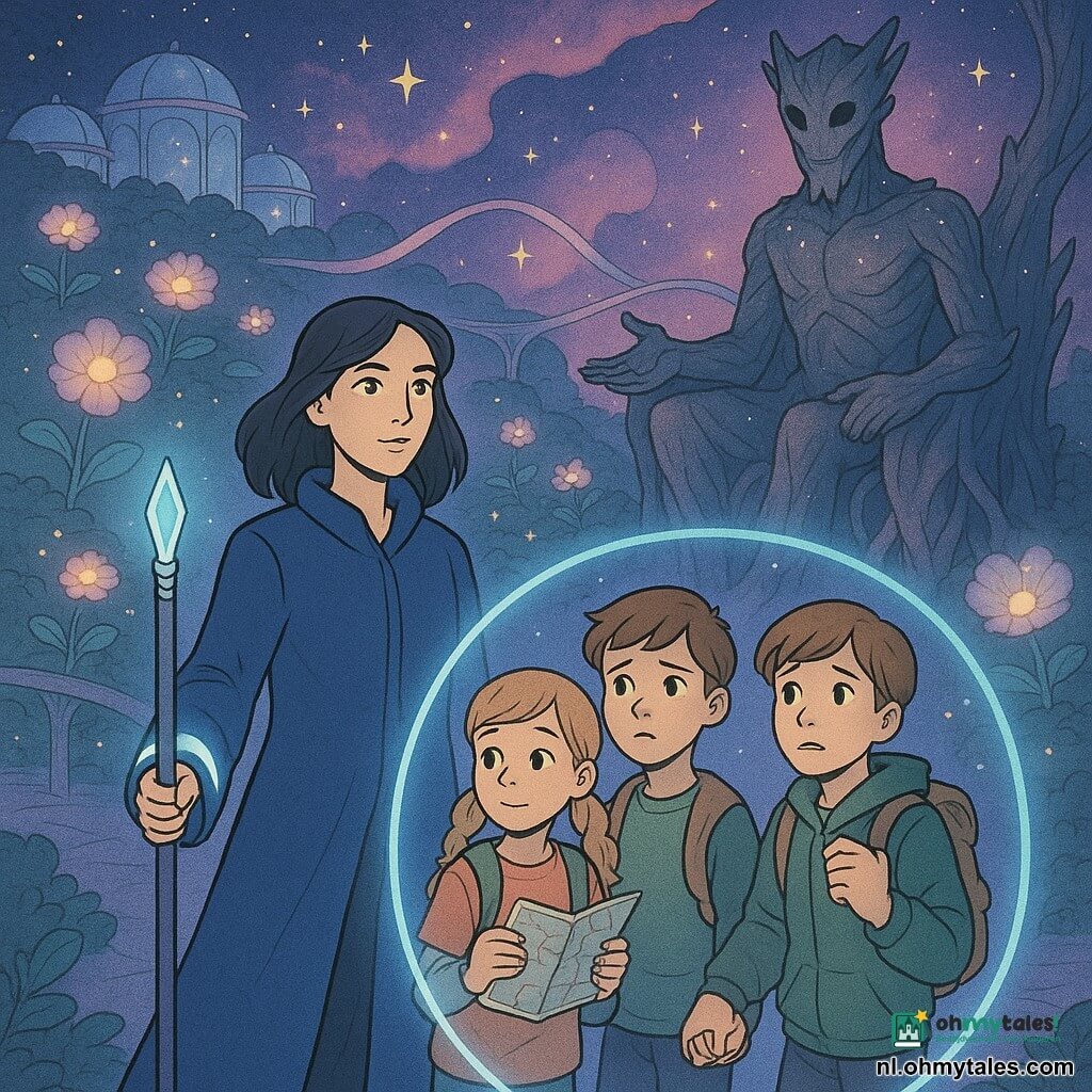 Hoofdpersonage Mara, een serene maar vastberaden vrouw met stralende sterrenogen en een lange diepe blauwe mantel met lichtbanden aan de polsen, houdt een lange staf van kristal en metaal die een zachtblauwe halo uitstraalt; Timm, ongeveer 12, kastanjekort haar, bezorgd maar moedig, staat rechts achter Mara en houdt iemands hand; Sira, ongeveer 10, met lichte gevlochten haren en nieuwsgierige ogen, kijkt vanaf links toe en houdt een klein kaartenboekje; de Wachter/Gardienne is een oude, wijze wezen op een troon van wortels en sterrenstof, met schorsachtige glinsterende huid en open armen; decor: een drijvende tuin in de ruimte met glazen koepels, lichtlintbruggen, zwevende bloemen die maanlicht geven en een roze-paarse nevel met gouden sterren; scène: Mara creëert een beschermende blauwe lichtcirkel om de gerustgestelde kinderen terwijl de Wachter toekijkt, sfeer van kalme spanning en vriendelijk mysterie; grafische stijl: zachte verzadigde kleuren, strakke stripcontouren, lichte glas- en sterrenstoftexturen, zacht nachtelijk licht in blauwtinten en violettinten.