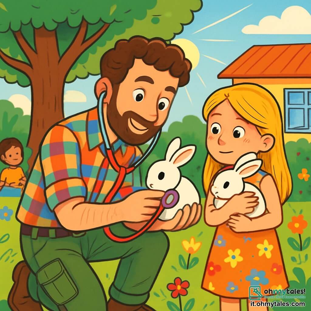 Il dottor Leo è un uomo di circa trent'anni, con capelli castani leggermente ricci e una barba ben curata. Indossa una camicia a quadri colorata, pantaloni cargo pieni di tasche e un grande sorriso caloroso che esprime la sua passione per gli animali. È accovacciato, tenendo un piccolo coniglietto bianco tra le mani con delicatezza, pronto a visitarlo. Accanto a lui c'è Sofia, una ragazza di otto anni con lunghi capelli biondi, che indossa un vestito a fiori e guarda il dottore con occhi pieni di ammirazione. Tiene il suo coniglietto Piumino contro di sé, visibilmente sollevata di vederlo tra le mani del veterinario. La scena si svolge in un giardino scolastico soleggiato, circondato da alberi verdi e fiori colorati. Un grande albero ombreggiante si erge al centro, con bambini seduti sull'erba che osservano attentamente. Il dottor Leo esamina il coniglietto, ascoltando il suo cuore con uno stetoscopio, mentre Sofia, piena di speranza, attende notizie. L'atmosfera è gioiosa e piena di meraviglia, con raggi di sole che filtrano attraverso le foglie.