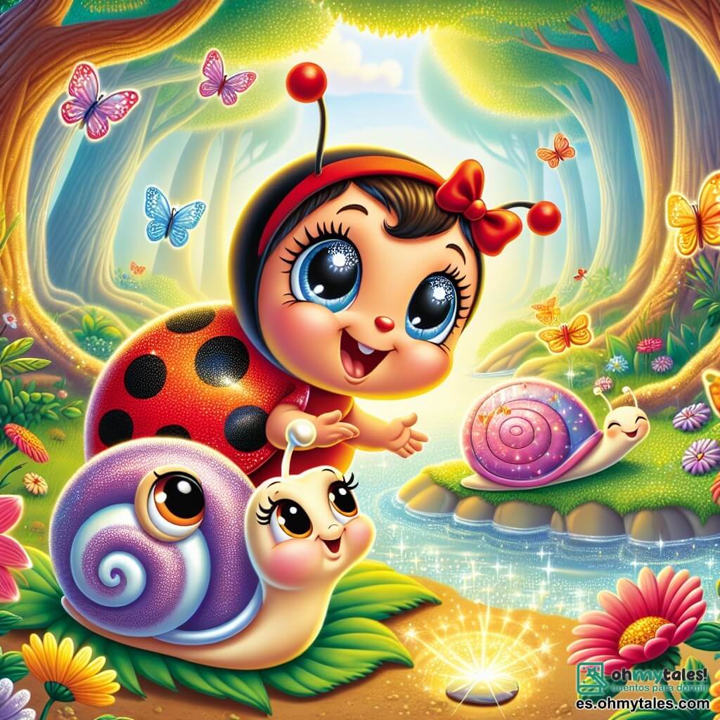 Una pequeña mariquita llamada Lila, con un caparazón rojo brillante salpicado de manchas negras, se encuentra alegremente al borde de un estanque resplandeciente. Sus ojos brillantes de curiosidad y felicidad reflejan la luz del sol. A su lado, un caracol sabio llamado Tito, con una concha en espiral de colores pastel, la observa con una sonrisa benevolente, moviéndose lentamente sobre una hoja verde. El escenario es un hermoso bosque mágico, donde árboles majestuosos con troncos gruesos se elevan hacia el cielo, sus hojas vibrantes bailan al compás del viento. Flores coloridas con pétalos brillantes bordean el camino, mientras mariposas multicolores vuelan a su alrededor. La situación principal muestra a Lila tocando una piedra brillante en el centro del estanque, emitiendo una luz dorada que ilumina el paisaje, mientras Tito la anima con una mirada llena de orgullo. La atmósfera está llena de magia y alegría, capturando el momento en que realizan su deseo por la felicidad de todos los habitantes del bosque.