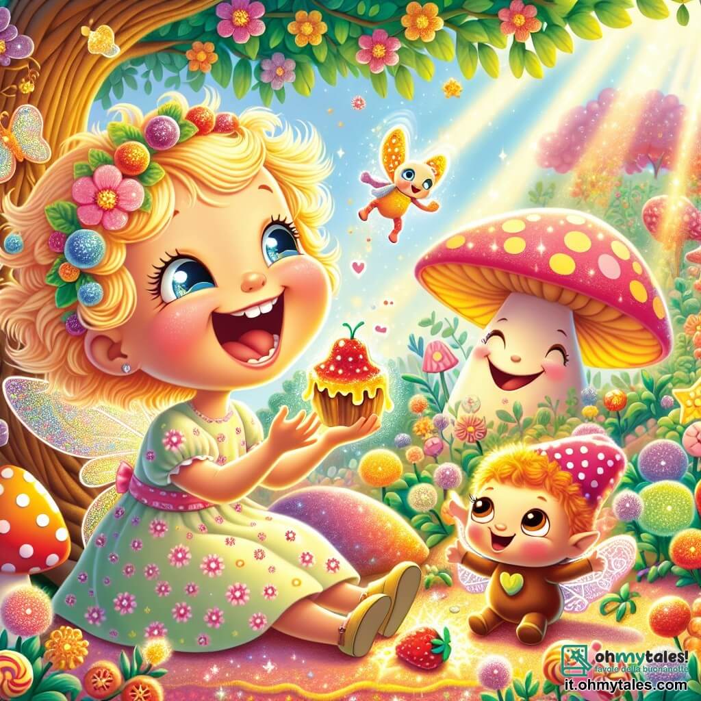 Una bambina di 4 anni, di nome Luna, con capelli dorati come il sole e occhi blu brillanti, ride mentre assaggia una marmellata magica che brilla di mille colori. Indossa un vestito leggero a fiori ed è seduta su un tappeto di fiori dolci, circondata da una luce gioiosa. Accanto a lei, un folletto di nome Pip, con ali scintillanti e un cappello a pois, salta di gioia, i suoi occhi pieni di malizia. È piccolissimo, grande quanto un libro, e fa smorfie divertenti mostrando la marmellata. Sullo sfondo, un albero parlante di nome Fronda, con un tronco largo e rami fogliosi, sorride amichevolmente, le sue foglie brillano come caramelle. Il luogo è il magico Bosco di Zucchero, pieno di fiori colorati, funghi a forma di caramelle e una luce soffusa che illumina la scena. La situazione principale mostra Luna e Pip che si divertono insieme, circondati dalla magia del bosco, mentre scoprono la marmellata che fa ridere e brilla come un arcobaleno, creando un'atmosfera gioiosa e piena di fantasia.