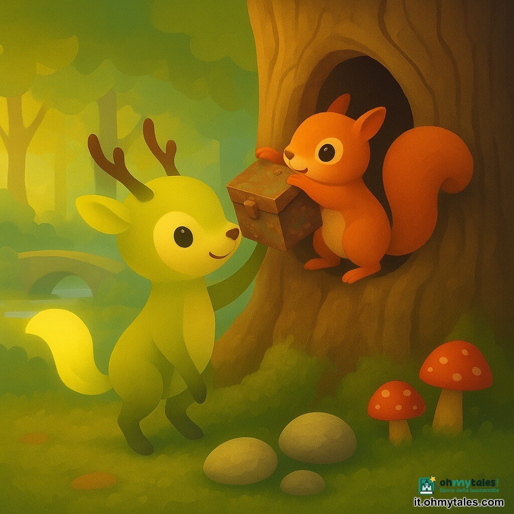 Lumo, piccolo essere della foresta con corna sottili come rametti e una coda luminosa giallo pallido, ha un volto sorridente e concentrato; sta saldo, funge da sgabello con le corna piegate per aiutare l'amica. Pina, piccola scoiattolina rossa dal pelo morbido e occhi vivaci, è sulle spalle di Lumo, tesa a raggiungere una scatola di latta arrugginita incastrata nel tronco, con una zampa che gira la linguetta verso sinistra, eccitata e determinata. In primo piano tre pietre ovali lisce come uova sono sulla muschiata, con una pietra pulita accanto. La scena è una radura luminosa con una grande quercia cava dal tronco segnato, tappeto di muschio verde, funghi rossi a pois bianchi, raggi dorati di sole, un ruscello argentato e un ponte di pietra sullo sfondo. Situazione principale: due amici cooperano — Lumo stabile e protettivo, Pina agile e coraggiosa — per recuperare una piccola scatola del tesoro incastrata in un albero antico, scena dolce dalle texture organiche e colori caldi.
