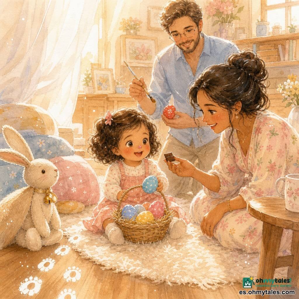 Niña de 2 años feliz y asombrada, pelo castaño rizado a la altura del mentón, mejillas rosadas y ojos grandes y brillantes, sentada en la alfombra crema con una pequeña cestita de paja llena de huevos de colores; una mujer (mamá, ~30 años) con sonrisa dulce, pelo largo recogido en un moño suelto y vestido de flores pastel, agachada junto a la niña ofreciendo un trozo de chocolate; un hombre (papá, ~32 años) con barba corta y gafas, camisa azul claro, de pie detrás con un pincel pequeño y un huevo pintado de rojo; un conejito de tela beige con una campanilla dorada cerca de unos cojines observando; sala de estar bañada en luz dorada matinal, mesa de madera clara, cortina blanca translúcida y huellas blancas de harina en forma de patitas desde el pasillo; escena principal: la niña sigue las huellas, encuentra un huevo en su cestita y se ríe con una mancha de pintura rosa en la nariz; ambiente cálido, colores pastel y texturas suaves con delicados reflejos en blanco.