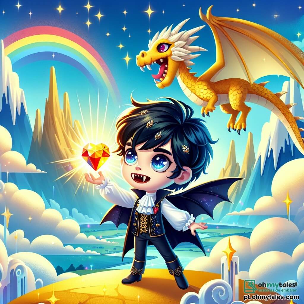 Um jovem vampiro chamado Lúcio, com olhos brilhantes de curiosidade e cabelos negros desgrenhados, está no topo da majestosa Montanha do Sol. Suas presas brilham como diamantes sob o sol, e seu rosto expressa uma determinação alegre enquanto segura o Coração de Estrelas, uma gema resplandecente que pulsa de luz. Ao seu lado, um dragão chamado Pyros, com escamas douradas cintilantes, se estica majestuosamente, seus olhos brilhando de sabedoria e calor. Ele observa Lúcio com orgulho, pronto para apoiá-lo em sua busca. Ao fundo, a Montanha do Sol se ergue com encostas douradas e nuvens fofas flutuando ao redor, criando uma paisagem mágica. O céu é de um azul brilhante, salpicado de algumas nuvens brancas, enquanto arco-íris cintilam no horizonte. A cena principal mostra Lúcio levantando o Coração de Estrelas em direção ao céu, iluminando a paisagem ao seu redor, simbolizando a esperança e a magia que renascem em seu reino.