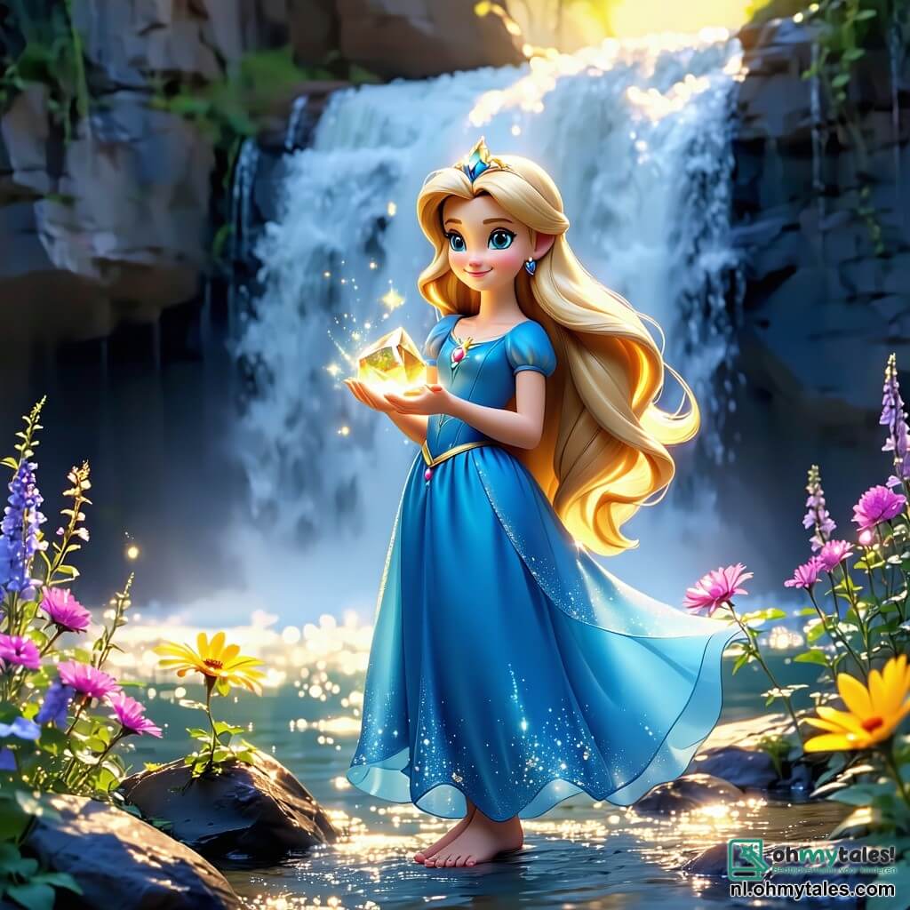 Prinses Luna, een jong meisje met lange gouden haren en sprankelende nieuwsgierige ogen, staat aan de rand van een prachtige waterval. Ze draagt een blauwe jurk versierd met glinsterende bloemen en heeft een verwonderde glimlach, terwijl ze een magische steen in haar handen houdt die met een gouden licht straalt. Naast haar staan drie kleurrijke bloemen, de Regenboogbloemen, trots rechtop. Elke bloem heeft stralende bloemblaadjes: een is rood, een is geel en de laatste is blauw. Ze lijken om Luna heen te dansen en delen enthousiast hun geheim. De plek is een betoverd bos, vol majestueuze bomen met dikke stammen en groene bladeren, terwijl zonnestralen door het loof filteren en de scène verlichten met een zachte gouden gloed. De waterval achter Luna schittert als diamanten en creëert een rustgevend geluid dat door de lucht weerklinkt. De belangrijkste situatie toont Luna die de magie van de steen ontdekt, klaar om haar kracht te gebruiken om vreugde en kleur in de wereld om haar heen te brengen, omringd door de schoonheid van de natuur en de opwinding van de bloemen.