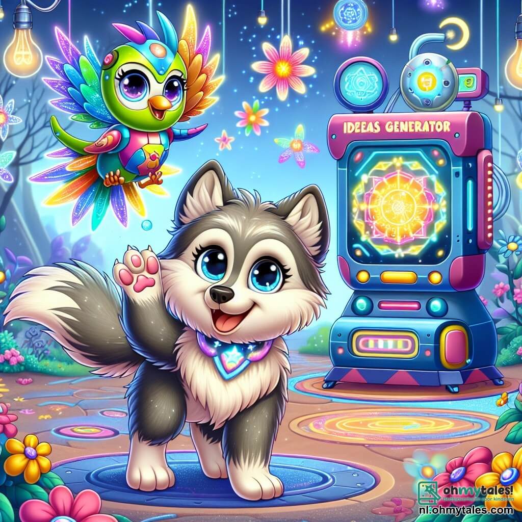 Een kleine wolf met glanzende ogen en zachte, sterachtige vacht staat vol opwinding voor een grote futuristische machine genaamd "Ideeëngenerator". Hij heeft een stralende glimlach en zijn poten zijn omhoog, alsof hij klaar is om een nieuwe wereld te ontdekken. Naast hem vliegt een kleurrijke robotvogel met glinsterende veren en sprankelende ogen, die een blije uitdrukking heeft, in cirkels om hem heen en is klaar om hem uit te dagen. De achtergrond is een prachtige Technologie Tuin, vol met heldere bloemen die melodieuze geluiden maken, met zwevende gadgets en schitterende hologrammen in de lucht, wat een magische en dynamische sfeer creëert. De hoofdscene toont de enthousiaste wolf, klaar om de machine te activeren voor een ongelooflijk avontuur op zoek naar een verborgen schat, terwijl de robotvogel hem aanmoedigt met dansende bewegingen.