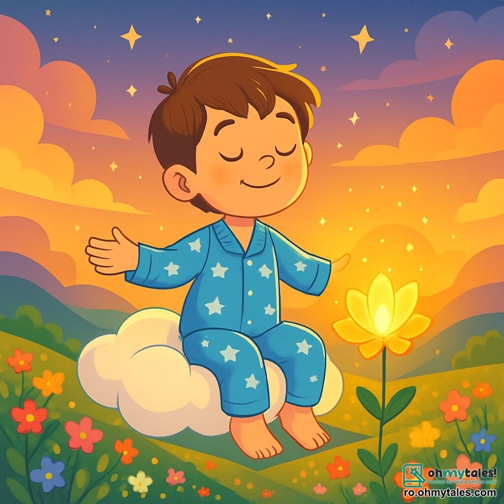 Un băiat de 8 ani, cu părul castaniu și ochii strălucind de curiozitate, stă pe un nor pufoș, cu un zâmbet seren pe față. Poartă un pijama albastru cu stele albe, iar brațele îi sunt întinse, ca și cum ar flota în aer. Lângă el, o floare mică și luminoasă cu petale aurii se deschide ușor, emanând o strălucire caldă. Locul este o vale vastă și fermecată, scăldată în lumina aurie a apusului, cu coline blânde acoperite de flori colorate și un cer presărat cu stele sclipitoare. Scena este pașnică, plină de blândețe și magie, cu nori pufoși care dansează încet în voia vântului. Situația principală îl arată pe băiat respirând adânc, inspirând frumusețea mediului său, în timp ce floarea îi șoptește povești liniștitoare despre pace și serenitate.