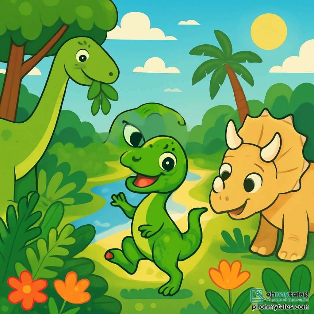 Wesoły i figlarny welociraptor z błyszczącymi zielonymi łuskami i iskrzącymi się oczami stoi w centrum obrazu, skacząc na tylnych łapach z szerokim uśmiechem. Po jego prawej stronie łagodny i przyjazny triceratops z dużą koroną z trzech rogów i beżową skórą pochyla się, aby podziwiać welociraptora, jego oczy pełne zachwytu. Po lewej stronie majestatyczny brachiozaur z długą szyją i zieloną skórą pochyla się, aby złapać liście z drzewa, obserwując scenę z ciekawością. Tło to bujna prehistoryczna wyspa, pełna dużych paproci, kolorowych kwiatów i gigantycznych drzew, pod błękitnym, słonecznym niebem. W tle lśniąca rzeka wije się przez krajobraz. Główna scena pokazuje welociraptora oświetlonego magią swojego kolorowego ogona, radośnie tańczącego z przyjaciółmi, podczas gdy delikatny promień światła oświetla ich przyjaźń.