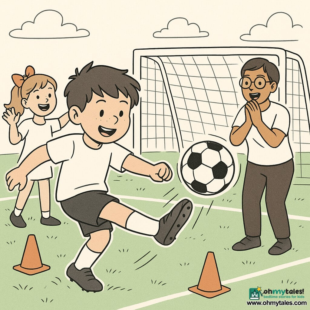 An 8-year-old boy with a round face and a small freckle on his nose, tousled brown hair, joyful proud expression, leaning forward with his right leg extended as he kicks a soccer ball into the net; behind him, an ~8-year-old girl (Emma) with light brown hair tied with a large orange bow, smiling with arms raised, watching the ball; Coach Sam, 30–40, short hair and round glasses, hands clasped before his mouth in happy surprise, standing right of the goal applauding; textured green lawn with white lines, scattered orange cones, goal with fine net, clear sky with soft clouds; moment the ball hits the net—dynamic captured movement and a modest, encouraging victory atmosphere.