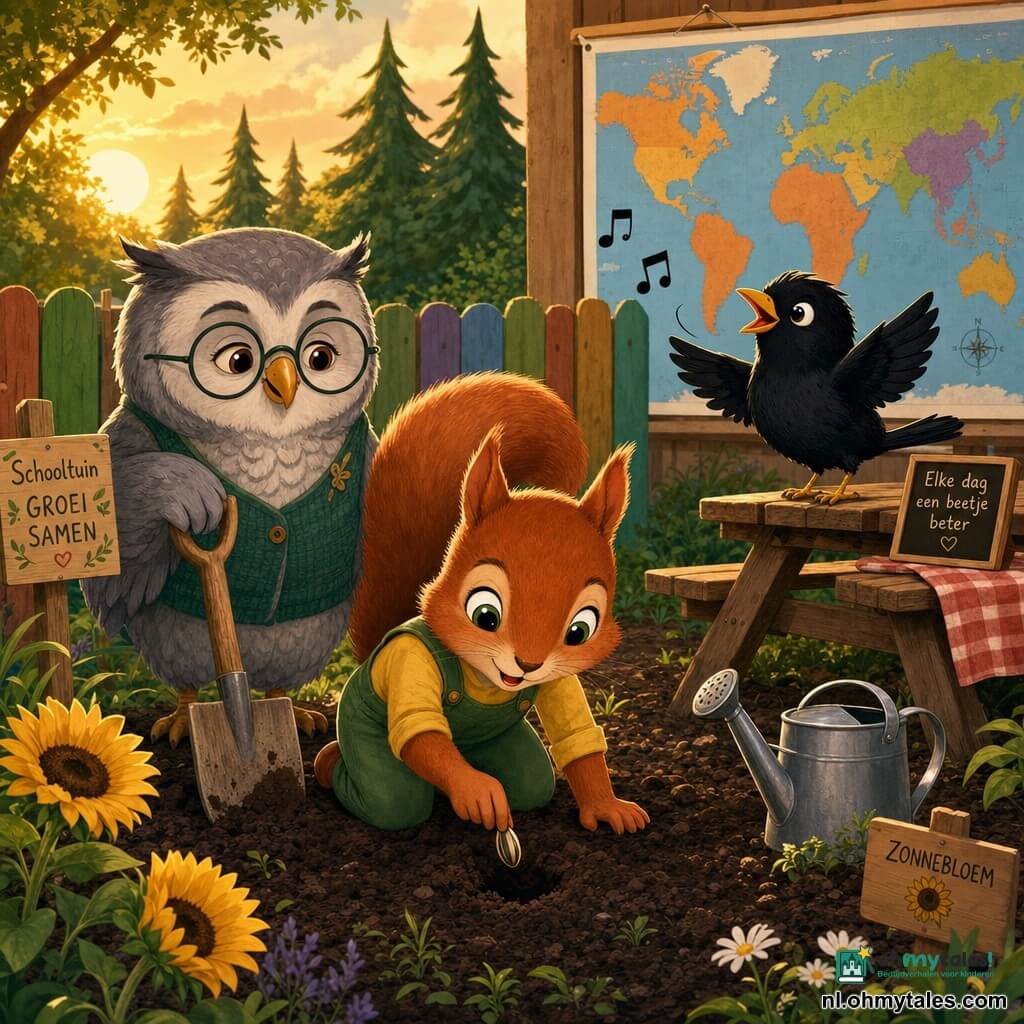 Mila, een kleine roodbruine eekhoorn met grote glanzende ogen, knielt op een donker stukje aarde en plant voorzichtig een zonnebloempit; Tom, een zwarte merel met glanzende veren, zit rechts op een picknicktafel, kijkt toe en fluit vrolijk; juf Linde, een grijze uil met ronde bril, staat rustig achter Mila met één vleugel op een houten schepje. De scène speelt zich af op een schoolplein met een bosje dennen, een klein vierkant aarde bij een houten hek, kleurrijke panelen en een wereldkaart aan de muur op de achtergrond, een glanzende metalen gieter naast hen en gouden avondlicht dat alles verwarmt. Stijl: eenvoudige, duidelijke vormen, felle contrasterende kleuren, vlakke texturen en kinderlijke details, centrale en leesbare compositie geschikt voor een omslag of dubbele pagina.