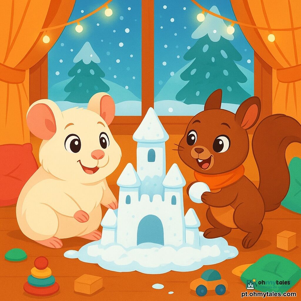 Um pequeno porquinho, um porquinho-da-índia chamado Nino, com grandes orelhas e pelagem macia e branca, observa maravilhado um castelo de neve que ele construiu com sua melhor amiga. Seus olhos brilham de alegria e um leve sorriso ilumina seu rosto. Ao seu lado, uma esquilinha travessa chamada Lila, com pelagem marrom e um bonito cachecol laranja ao redor do pescoço, pula de felicidade, seus olhos brilhando de travessura. Ela segura um bloco de neve em suas pequenas patas, pronta para adicionar um toque mágico ao castelo. A cena acontece em uma sala de jogos acolhedora, cheia de almofadas coloridas e brinquedos de madeira, com uma janela que dá para uma paisagem invernal encantadora, onde a neve cai suavemente, cobrindo o mundo exterior com um manto branco. Nino e Lila estão construindo juntos um castelo de neve imaginário, rindo e se divertindo, enquanto a luz suave das luzes piscantes cria uma atmosfera calorosa e acolhedora.