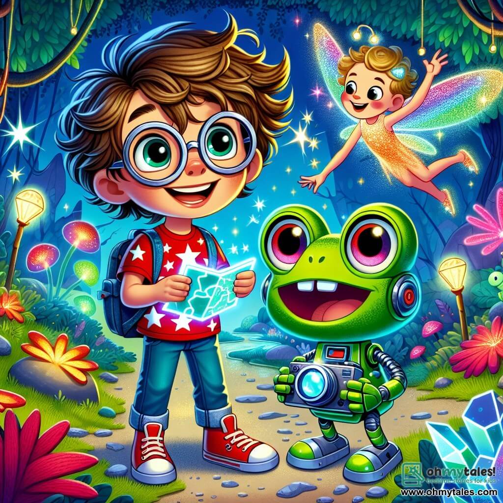 An 8-year-old boy named Oliver, with messy hair and round glasses, smiles in wonder while holding a shiny map. He wears a red t-shirt with star patterns and bright red sneakers, and his face expresses contagious joy. Next to him, a frog robot named Ribbit, with a green metallic body and camera-shaped eyes, curiously looks at the map, its little legs in the air, ready to jump with excitement. Nearby, a small fairy named Twinkle, with sparkling wings and a dress made of flower petals, flies around them, filling the air with magic. Their adventure takes place in the Cosmic Jungle, a magical place where trees have neon leaves and strange creatures float in the air. Colorful flowers and shining crystals dot the ground, while twinkling lights dance around them. The scene shows Oliver, Ribbit, and Twinkle standing in front of the entrance to a sparkling cave, where multicolored crystals shine inside. Oliver, full of enthusiasm, points the map towards the cave, ready to discover the hidden treasure.
