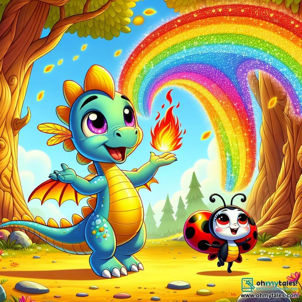 A young dragon named Spike, with shiny rainbow-colored scales, stands at the center of the scene, his eyes sparkling with excitement. He gently breathes colorful flames into the sky, creating beautiful rainbows. Beside him, a small ladybug named Luna, with red wings and black spots, joyfully flutters in the air, her face beaming with happiness as she dances around the vibrant colors. The setting is a sunny clearing in the heart of a magical forest, surrounded by gnarled trees and bright flowers dancing in the wind. The ground is covered with golden leaves and sparkling pebbles, adding to the beauty of the place. The main scene shows Spike and Luna performing for their school's talent show, captivating an audience of amazed forest animals who applaud and watch in admiration as the dazzling colors rise into the sky.