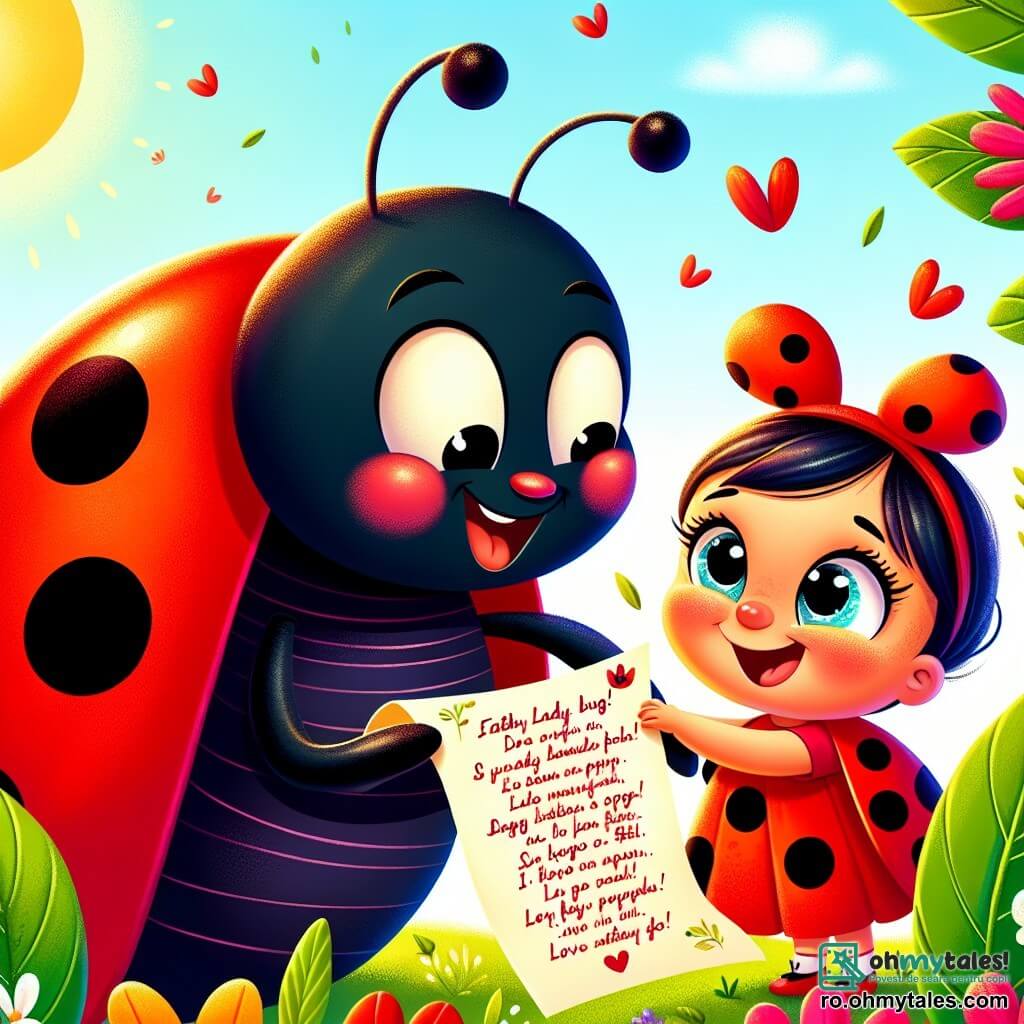 O buburuză mică și veselă, pe nume Lili, cu aripi roșii strălucitoare și buline negre, zâmbește larg ținând o frunză pe care este scrisă o poezie. Ochii ei strălucesc de bucurie și entuziasm. Lângă ea, Tati Buburuza, un insect mare și negru cu aripi strălucitoare și o expresie emoționată, citește poeziile cu un zâmbet tandru, având lacrimi de bucurie în ochi. Se află într-o grădină însorită, plină de flori colorate și frunze verzi, unde soarele strălucește printre petale. Scena arată un moment emoționant de împărtășire și dragoste între tată și fiică, celebrând ziua tatălui într-o atmosferă caldă și veselă.