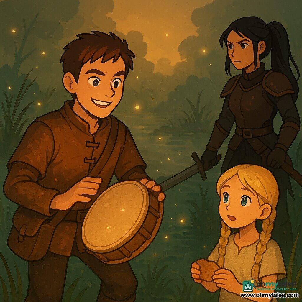 A man named Rowan stands at the edge of a mysterious swamp, his face lit by a determined and confident smile. He has short brown hair, sparkling eyes full of curiosity, and wears a worn leather tunic, tar boots, and a satchel. He gently beats an ancient drum, his expression a mix of concentration and joy. Beside him, a young girl of about 10 with braided blonde hair watches in wonder. She wears a simple linen dress and holds a small piece of bread, ready to offer it to the swamp. A little further away, a warrior woman named Sylke, in her twenties with black hair and leather armor, stands ready with her sword, her vigilant gaze scanning the shadows of the swamp. The setting is an enchanted swamp bathed in soft golden light, with reeds swaying in the wind and fireflies sparkling like lost stars. Light mists float above the water, creating a magical and mysterious atmosphere. The main scene shows Rowan playing the drum, calling the spirits of the swamp, while fireflies dance around him, illuminating the scene with a soft, warm glow. The characters are united in a moment of discovery and adventure, ready to face the mysteries surrounding them.