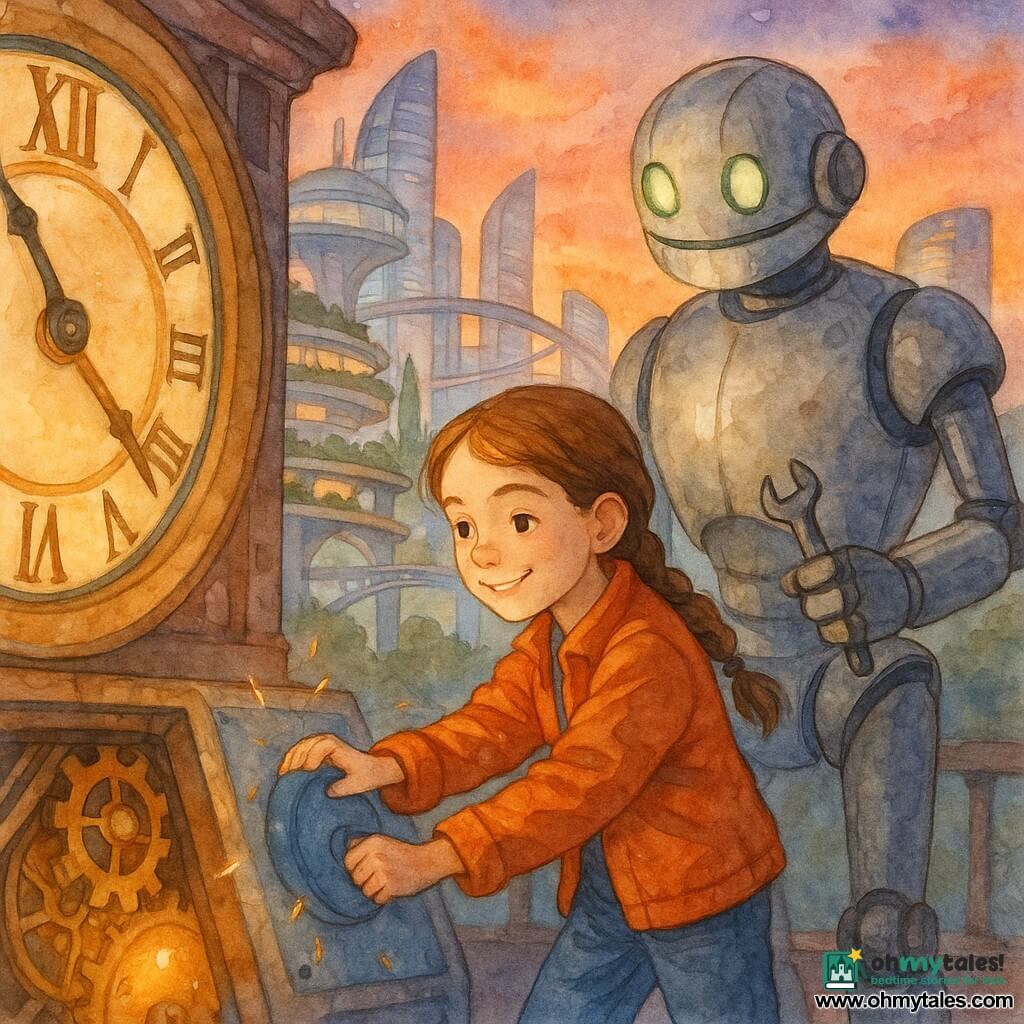 Lila, a smiling, focused 10-year-old with light-brown braided hair, an orange jacket and blue pants, turns a large blue dial on a control panel while Clink, a massive brushed-metal maintenance robot with green lights, stands behind pointing a small wrench; in the foreground the clocktower top shows exposed mechanisms, glowing gears and a large stationary golden dial, and in the background a futuristic city of curved glass skyscrapers and suspended walkways basks in an orange-purple sunset—they are restarting the clock in a warm, dynamic scene with precise gestures, soft sparks and a hopeful twilight atmosphere.