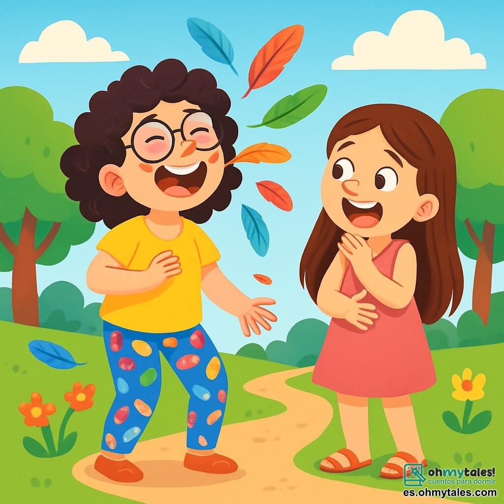 Lola, una mujer alegre con cabello rizado y gafas redondas, lleva una camiseta amarilla brillante y leggings con estampado de caramelos. Se ríe a carcajadas, rodeada de plumas coloridas que flotan a su alrededor, con una gran sonrisa en su rostro. Rita, su mejor amiga, una niña de 8 años con cabello largo y liso, lleva un vestido rosa y sandalias. Se encuentra al lado de Lola, con los ojos muy abiertos de sorpresa, sosteniéndose el vientre de la risa. La escena transcurre en un parque soleado, con árboles verdes exuberantes, flores brillantes y un cielo azul salpicado de nubes blancas esponjosas. Lola acaba de descubrir que tiene un poder cómico: cada vez que estornuda, plumas salen de su nariz, provocando una risa contagiosa en todos los que la rodean.