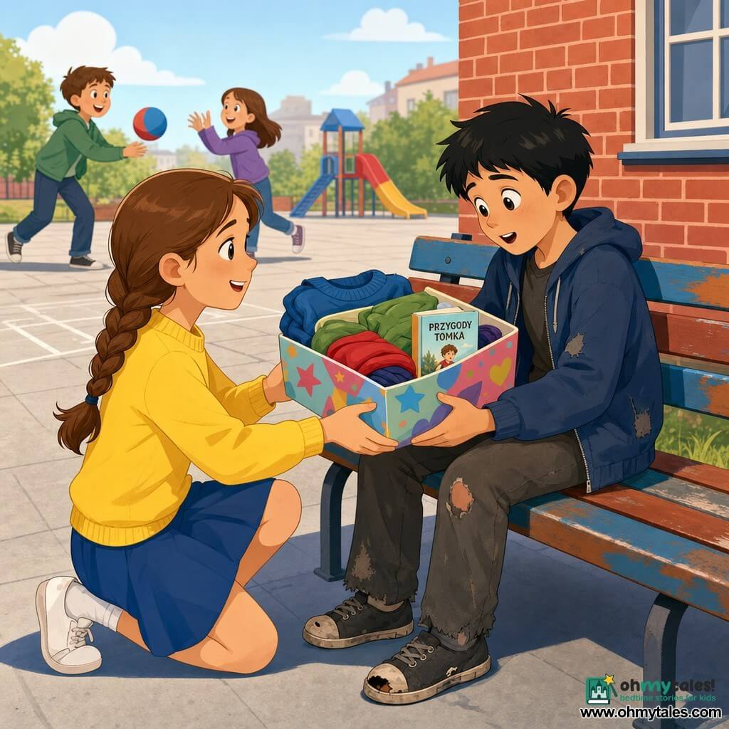 Main girl: a smiling 10-year-old with light brown braided hair, wearing a bright yellow sweater and blue skirt, kneeling by a painted wooden bench to hand a colorful box to a classmate; secondary boy: a surprised, grateful 10-year-old with short black hair, worn pants and scuffed shoes, sitting on the bench opening the box; background: two blurred children (around 9–11) playing with a ball, paved schoolyard with red brick wall, green grass and a distant colorful slide under soft morning light; main action: a warm exchange of clothes and a book, focused on the hands passing the box and the moved faces.