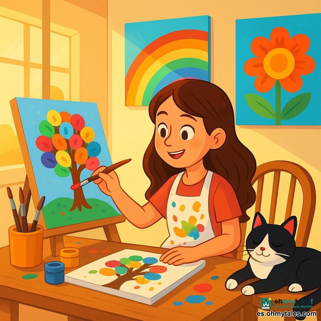 Una joven artista, Ana, está sentada a una mesa de madera en su luminoso estudio, rodeada de lienzos coloridos. Tiene el cabello largo y castaño y lleva un delantal salpicado de pintura, su rostro expresa concentración y alegría. Ana sostiene un pincel en su mano derecha, pintando con pasión un árbol de hojas multicolores. A su lado, un gato blanco y negro llamado Lino está acostado en una silla, con los ojos entrecerrados, ronroneando pacíficamente, añadiendo un toque de dulzura a la escena. El estudio está lleno de luz natural, con grandes ventanas que dejan entrar rayos dorados, y paredes decoradas con pinturas vibrantes. Tarros de pintura y pinceles están esparcidos sobre la mesa, creando un ambiente creativo y cálido. Ana está pintando un cuadro que representa un árbol con hojas en forma de caramelos, mientras reflexiona sobre el valor de su arte, una mezcla de determinación y sueño.