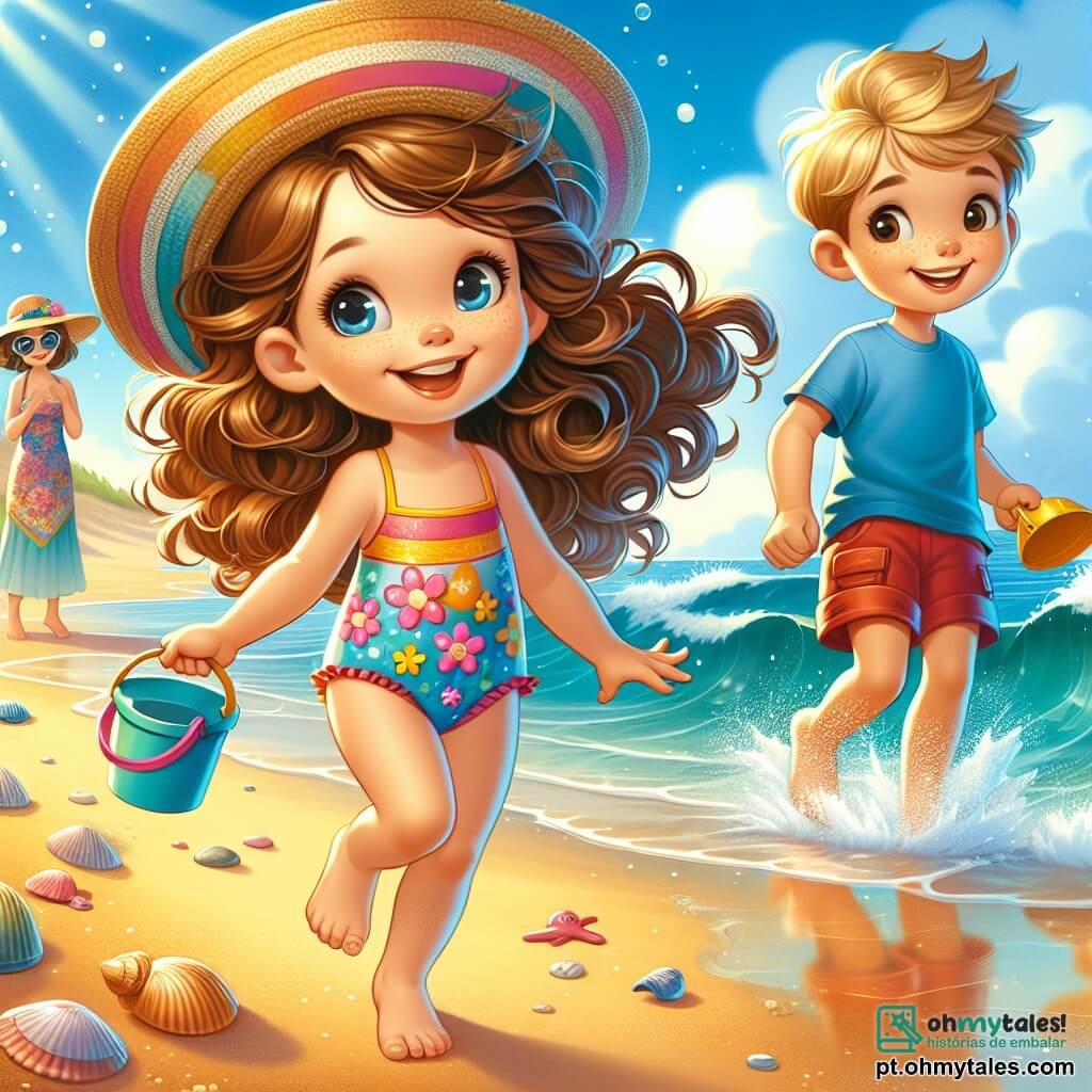 Uma menina de 8 anos, chamada Laura, está na praia, com cabelos castanhos e cacheados ao vento. Ela usa um maiô colorido com estampas de flores e um chapéu de palha, seu rosto radiante de alegria enquanto corre em direção às ondas. Ao lado dela, seu irmão Lucas, de 10 anos, tem cabelos loiros e veste uma camiseta azul e um short vermelho. Ele sorri segurando um balde e uma pá, pronto para construir um castelo de areia. Ao fundo, os pais, um homem e uma mulher, observam os filhos com sorrisos calorosos, o pai usando óculos de sol e a mãe um pareô colorido. O local é uma bela praia à beira do oceano, com dunas de areia dourada, conchas espalhadas e ondas brilhantes sob o sol radiante. O céu é de um azul profundo, salpicado de algumas nuvens brancas e fofas. A cena principal mostra Laura correndo em direção à água, com os braços abertos, pronta para mergulhar nas ondas, enquanto Lucas a segue de perto, rindo e gritando de alegria.