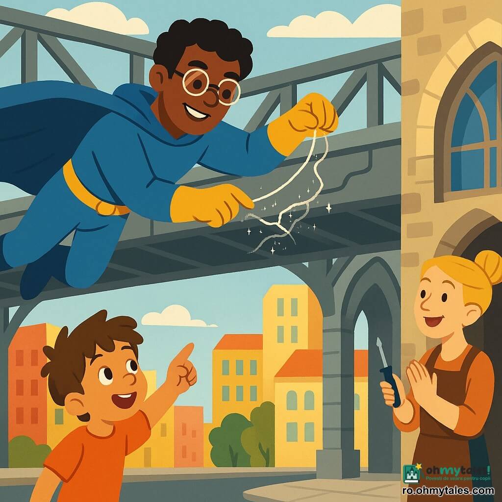 Un supererou zâmbitor și hotărât, cu o pelerină albastră și ochelari rotunzi strălucitori, repară un pod aerian țesând un fir magic invizibil ce sclipeste ca firele de argint; un băiat de 8 ani cu păr brun zburlit îl privește de pe trotuar arătând cu degetul, iar o femeie inventatoare de circa 35 de ani, cu păr blond prins în coc și ținând un șurubelniță, aplaudă la intrarea unei catedrale-atelier; oraș luminos sub cer senin, clădiri galbene și roșii și o catedrală de piatră cu ferestre mari; podul de oțel gri are grinzi vizibile și o zonă fisurată reparată de firul sclipitor; atmosferă aventuroasă și caldă, culori vii, iluminare solară blândă, expresii binevoitoare; stil: ilustrație vectorială clară, siluete simple, contururi curate, texturi plate și umbre moi, compoziție centrată pe erou în acțiune.