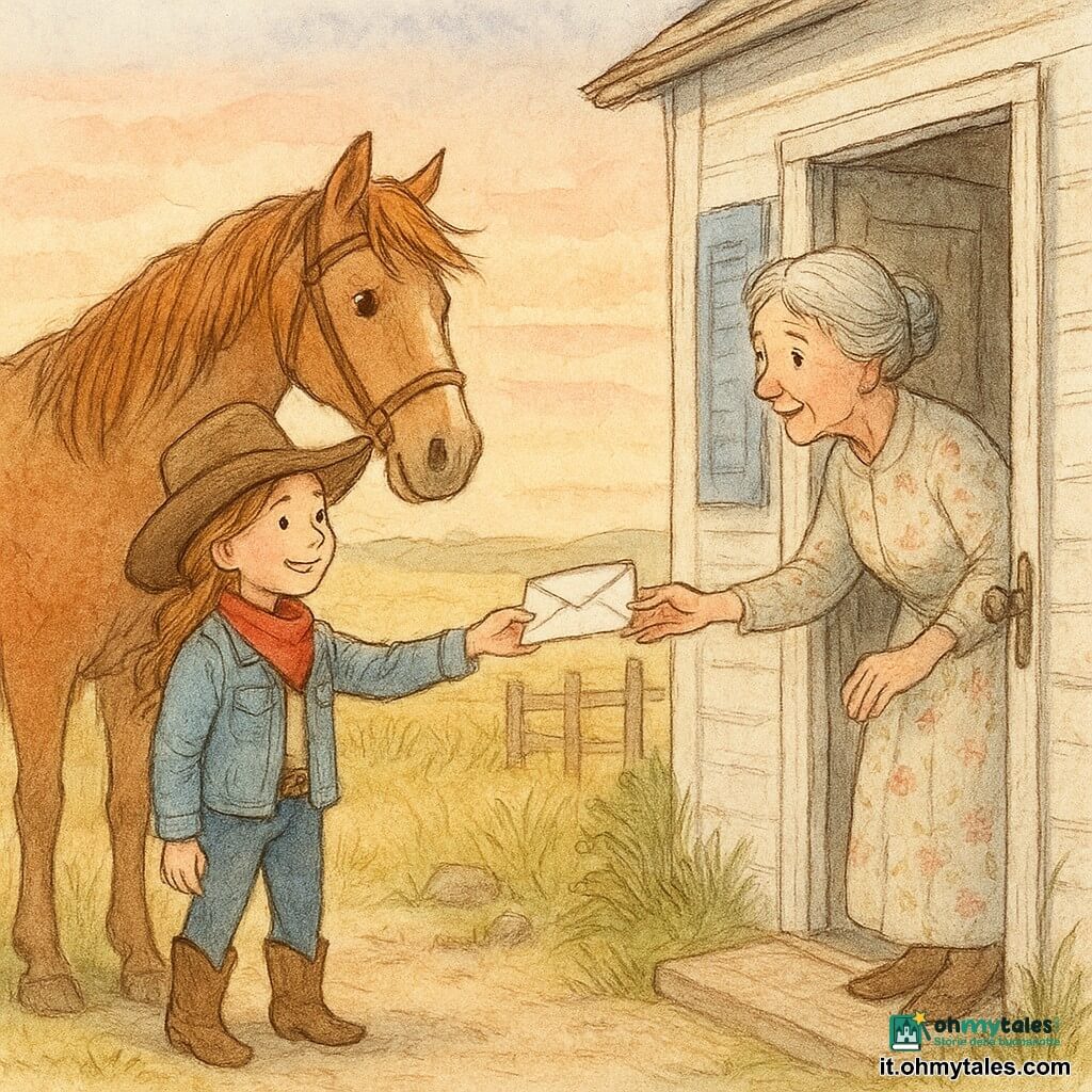 Clara, ragazza cow‑girl di circa 10 anni, sorridente e coraggiosa, con grande cappello marrone, foulard rosso, giacca di jeans e stivali di cuoio, porge una busta bianca alla porta di legno; Stella, una grande cavalla baia, è calma accanto a lei con criniera al vento e cavezza di cuoio, sguardo dolce; la signora Rose, donna anziana di circa 70 anni con capelli grigi raccolti e vestito chiaro a fiori, apre la porta e prende la lettera con sorpresa e gioia, sullo stipite un po' inclinata verso Clara; sullo sfondo una prateria dorata sotto un cielo rosa al tramonto, erba alta, qualche pietra e una staccionata di legno consumato, casa piccola in legno dipinto di bianco con persiane blu; scena del momento della consegna, luce calda serale, gesti delicati, espressioni benevole e atmosfera tranquilla di fine giornata.