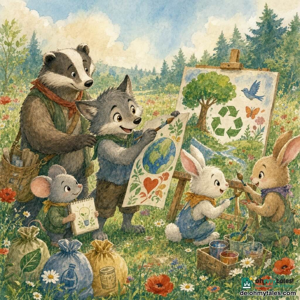 Die Hauptfigur ist ein kleiner anthropomorpher Wolf mit weichem grauem Fell und großen leuchtenden Augen, lächelnd, hält ein buntes Plakat und bemalt ein Schild mit einem Pinsel in dynamischer, enthusiastischer Haltung; daneben vorn leicht links eine runde schüchterne graue Maus mit aufmerksamem Blick, die ein Notizbuch festhält und eine Idee zeigt; dahinter ein robuster ruhiger brauner Dachs, der dem Wolf wohlwollend auf die Schulter klopft und eine kleine Materialtasche trägt; rechts hocken weiße und beige Häschen und malen fröhlich bunte Buchstaben auf ein Staffeleischild und spritzen etwas Farbe. Die Szene spielt auf einem blühenden Feld am Waldrand mit hohen grünen Gräsern, roten Mohnblumen, weißen Margeriten, blassblauem Himmel und entfernten Bäumen mit smaragdgrünen Blättern; die Tiere gestalten gemeinsam ein ökologisches Schild mit Plakaten und sortierten Müllsäcken, in klarer Komposition, pastell-aquarellfarbenen Tönen, feuchten gewaschenen Texturen und sanftem Morgenlicht.
