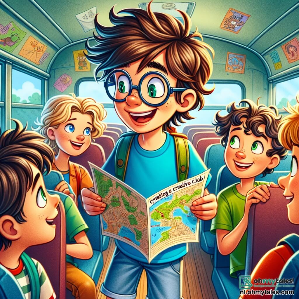 Een 12-jarige jongen, Thomas, met rommelig bruin haar en ronde brillen, heeft een brede glimlach van opwinding. Hij draagt een felblauw t-shirt en een spijkerbroek, terwijl hij een kaart vasthoudt, zijn ogen stralend van enthousiasme. Naast hem kijkt zijn beste vriend Sam, een 12-jarige jongen met blond haar en groene ogen, geconcentreerd naar de kaart, gekleed in een groene t-shirt en met een rode rugzak. Op de achtergrond leunen klasgenoten, waaronder een 11-jarig meisje met lang, krullend haar, Lisa, naar voren om aandachtig te luisteren, met gezichten verlicht door nieuwsgierigheid. De scène speelt zich af in een schoolbus, met kleurrijke stoelen en ramen die zonlicht binnenlaten, waardoor de ruimte verlicht wordt. Dieren- en landschaptekeningen versieren de muren van de bus, wat een vrolijke sfeer toevoegt. De hoofd situatie toont Thomas die zijn idee deelt om een creatief clubje op te richten met zijn vrienden, die allemaal geboeid zijn door zijn enthousiasme terwijl ze samen praten over hun talenten en passies, omringd door een vriendschappelijke en dynamische sfeer.