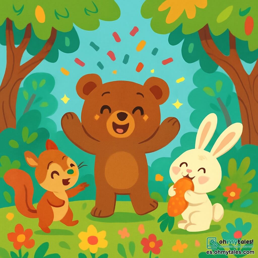 Un pequeño oso de peluche llamado Tito, con un suave pelaje marrón y ojos chispeantes de travesura, se encuentra en el centro de la escena, con los brazos levantados y una gran sonrisa, rodeado de purpurina brillante. A su derecha, un pequeño conejo blanco llamado Rizo, con grandes orejas y una expresión feliz, come una enorme zanahoria naranja, con las mejillas llenas y los ojos brillantes de emoción. A su izquierda, una pequeña ardilla llamada Lili, con pelaje rojizo y una cola esponjosa, baila alegremente entre el confeti colorido que cae a su alrededor. El escenario es un bosque encantado, con árboles de troncos retorcidos, hojas multicolores y flores luminosas que brillan bajo un cielo azul claro. En el suelo, una alfombra de flores y hojas crea una atmósfera mágica. La situación principal muestra a Tito intentando hacer aparecer una flor gigante, pero en su lugar, confeti colorido vuela por el aire, creando un ambiente alegre y divertido.