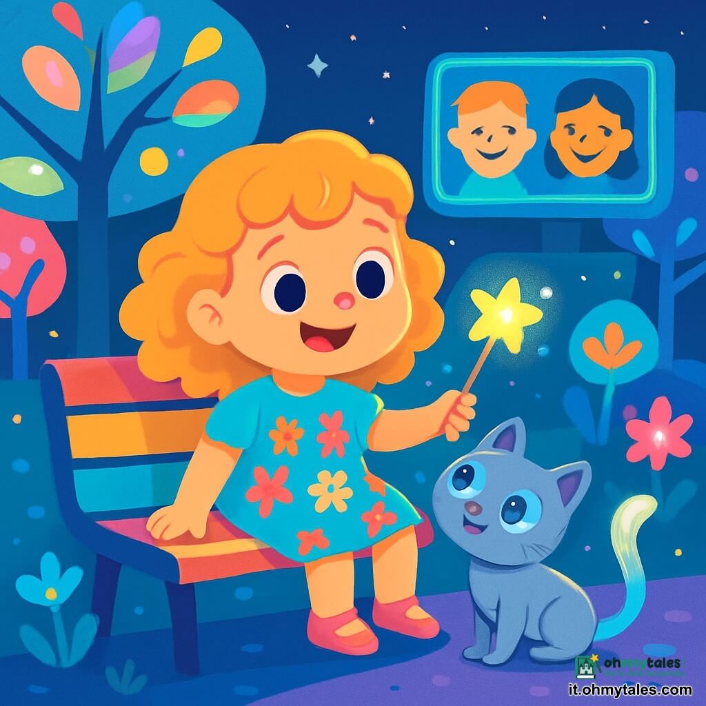 Una bambina di 4 anni, Emma, con capelli ricci e dorati, grandi occhi curiosi e un sorriso splendente, è seduta su una panchina colorata in un parco futuristico. Indossa un vestito leggero con motivi floreali brillanti e tiene in mano una piccola bacchetta magica elettronica che scintilla. Accanto a lei, un gattino argentato con una coda luminosa e grandi occhi blu si strofina affettuosamente contro le sue gambe. Il parco è pieno di alberi elettronici con foglie multicolori che brillano sotto un cielo stellato, con fiori luminescenti che danzano al ritmo di una dolce melodia. Emma e il gatto giocano insieme, circondati da luci soffuse e musica rilassante, mentre uno schermo olografico nelle vicinanze mostra volti felici che li ringraziano.